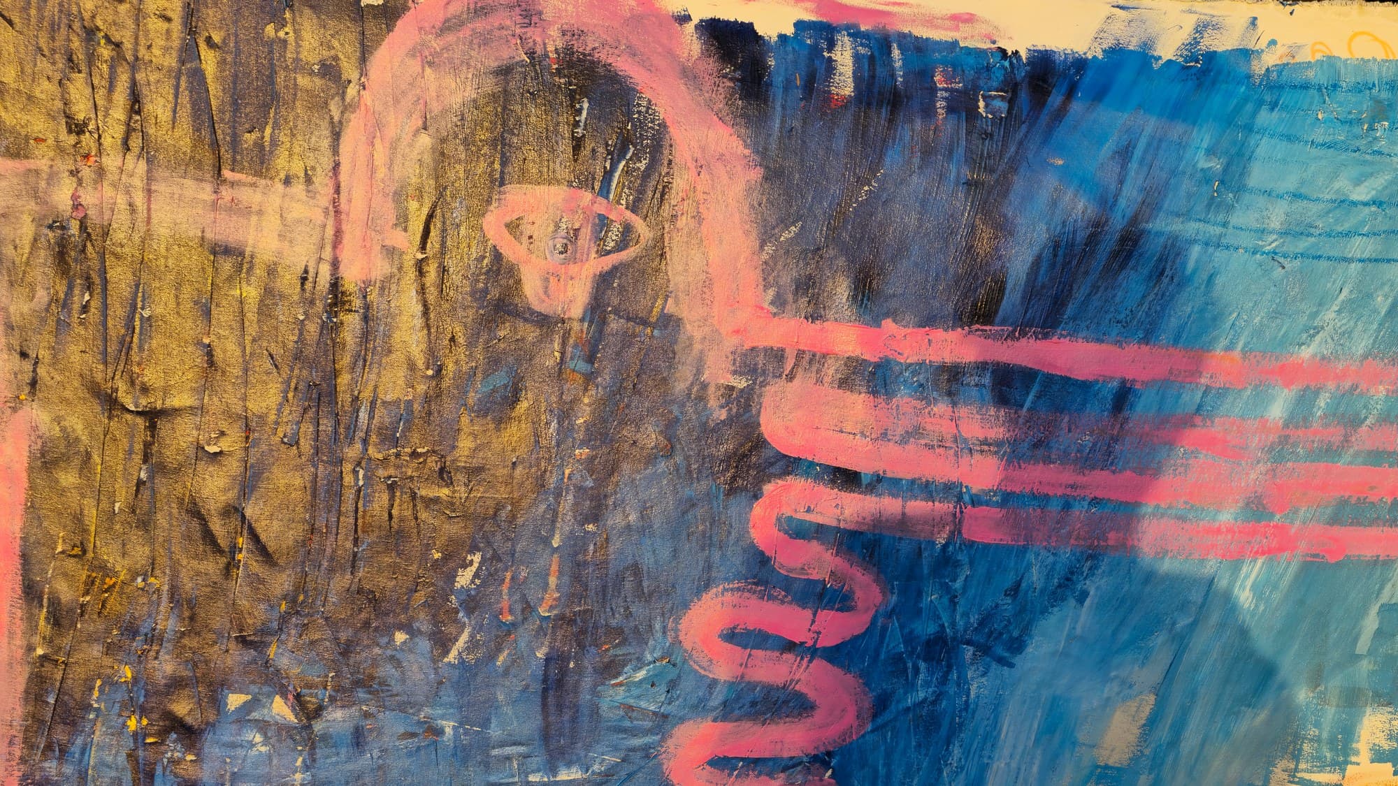 Close-up of the night field of A Pack of Lips: vertical pink streamers of the winged figure falling through layered light and deep blues, with the orange double-coil entering from the upper right across bare pale canvas.