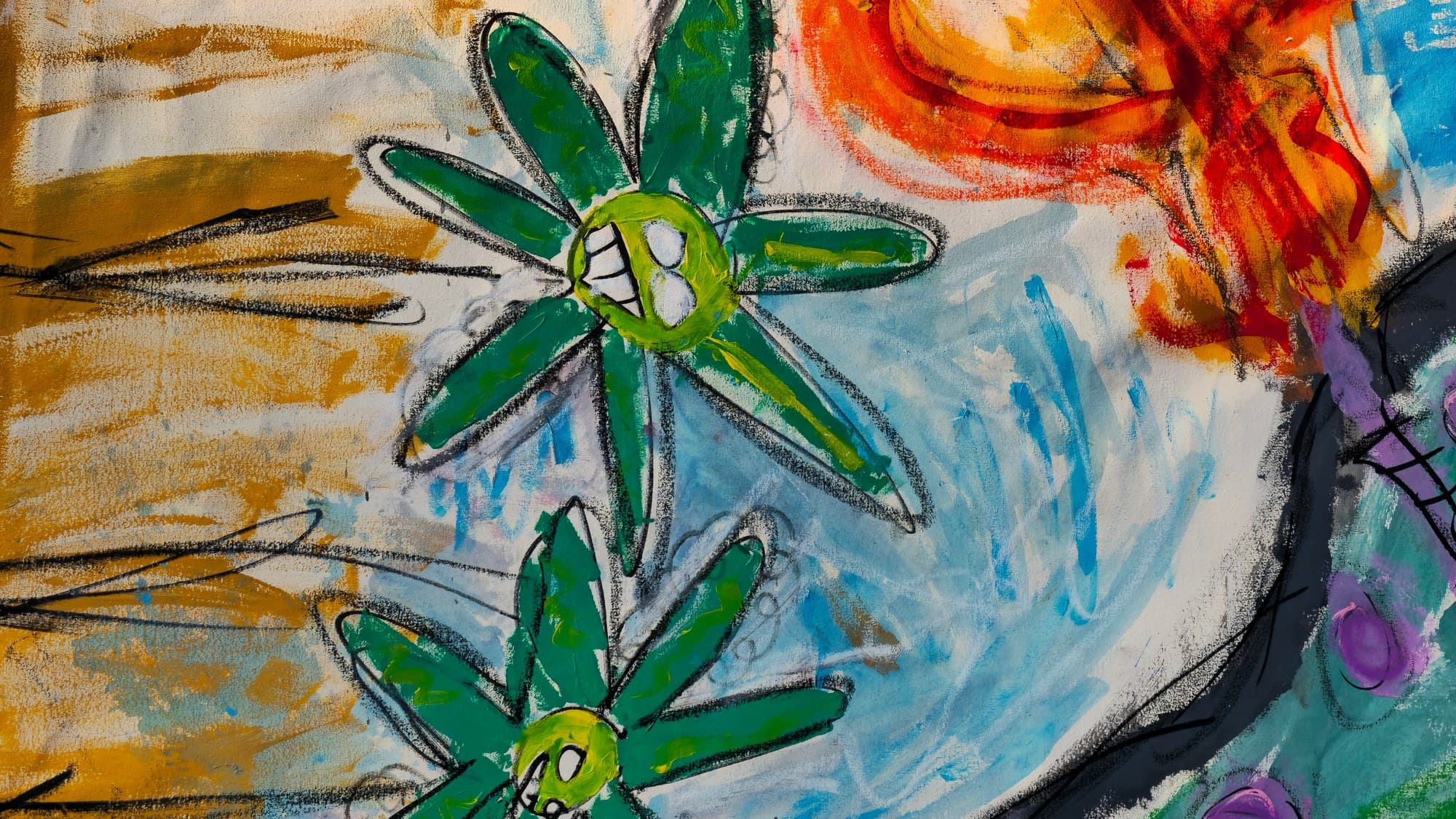 Close-up of the creature's flank in A Pack of Lips: purple rings and spots over layered green, blue water-strokes, and the crocodile's black zigzag tail against the orange curtain.