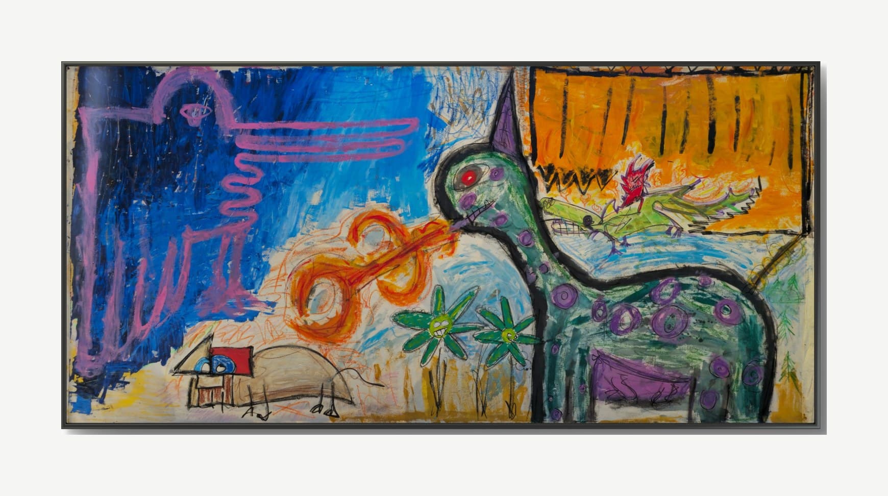 A Pack of Lips by tijo (2026), 300 × 160 cm, painting on canvas. A neo-expressionist menagerie across a three-meter canvas: at left a pink line-drawn winged figure with a ringed-planet head stands in deep indigo night painted over a textured gold under-layer; at center an orange double-coil sends a red beam into the mouth of a long-necked green creature with a purple horn, a red eye, a stitched grin, and purple rings across its body; a small green crocodile with a toothy grid grin carries a red imp across the creature's back through hand-drawn flames, under a burning orange curtain barred with black. Two grinning green daisy-flowers stand at its feet, and in the lower left a small house with a red roof and two wide blue eyes watches over a sleeping beige mound-creature.