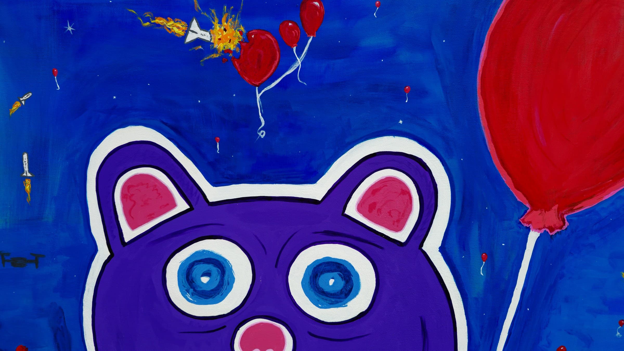 Detail of Bear Arms: the purple bear’s face from above, pink ears and blue saucer eyes, with the sky behind it — a white finned rocket bursting through a red balloon in an orange explosion, more red balloons drifting on white strings, and the large red balloon entering at right.