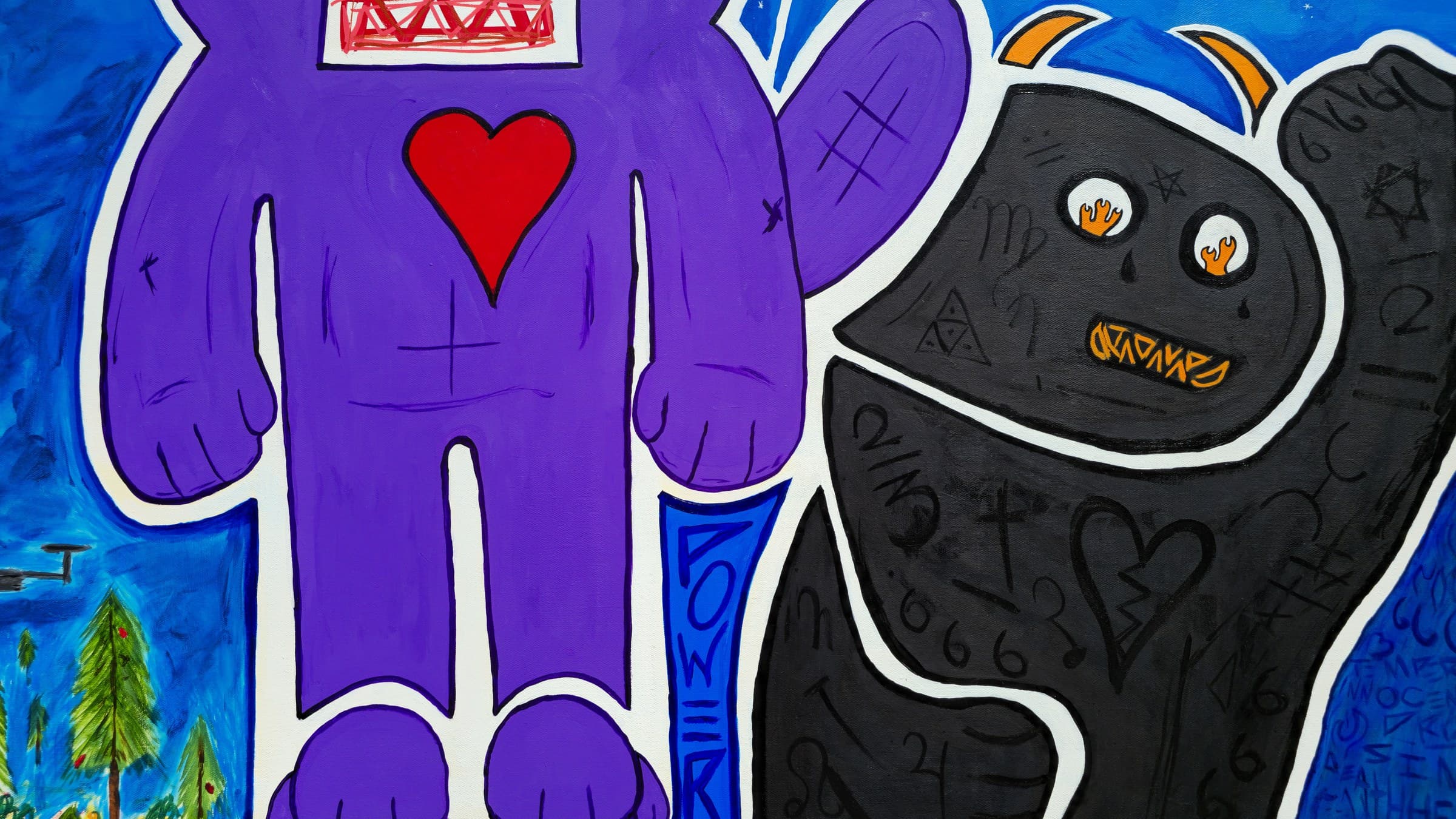 Detail of Bear Arms: both bears together — the purple teddy with its red heart, taped mouth grid and POWER lettered down a cobalt strip at its hip, arm raised behind the horned black bear whose white eyes burn with orange flames, its fur scratched with a pentagram, sigils, 666s and a broken heart, a drone hovering at the far left.