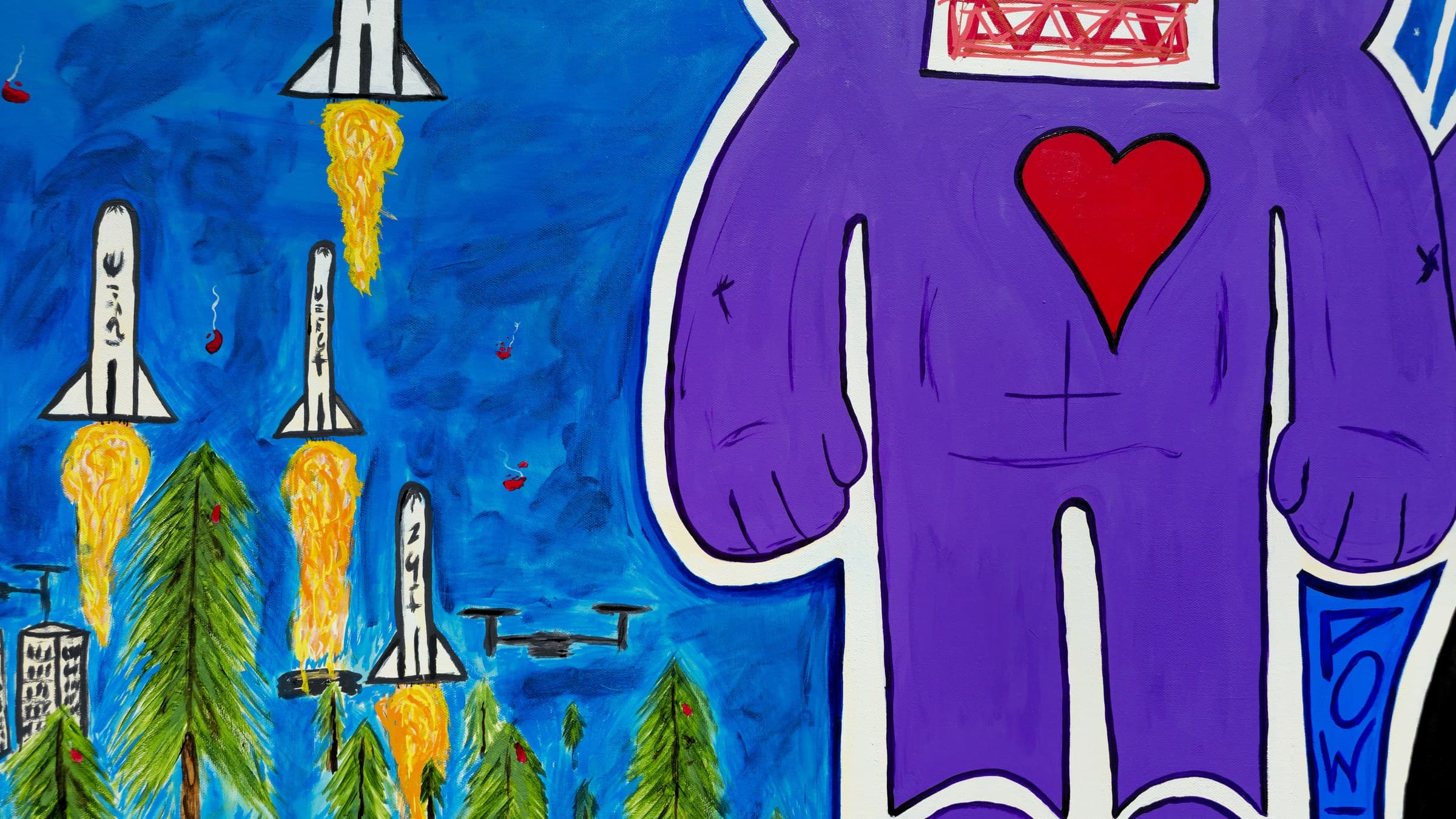 Detail of Bear Arms: the launch field — white missiles with hand-lettered fuselages climbing on yellow flame columns over green pines and a small scrawled city, a quadcopter drone hanging in the blue night, red balloons drifting past on white strings, with the purple bear’s torso and heart at the right edge.