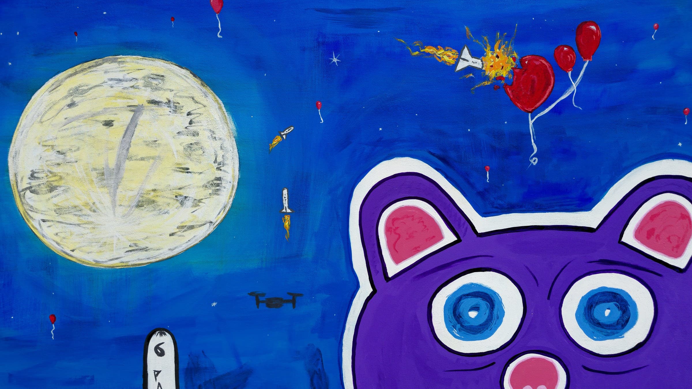 Detail of Bear Arms: the scribbled pale full moon in the ultramarine sky, red balloons rising on white strings, small yellow-flamed darts crossing the night, the tip of the PATRIOT missile below, and the purple bear’s head entering from the right.