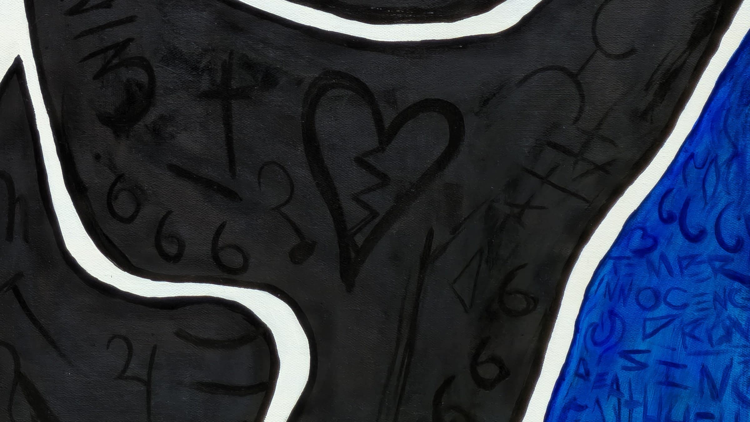 Detail of the lower right of Bear Arms: the black bear’s legs scratched with 666s, crosses, numbers and a large broken heart, beside a royal-blue panel of dark scrawled words in which the word INNOCENCE surfaces.