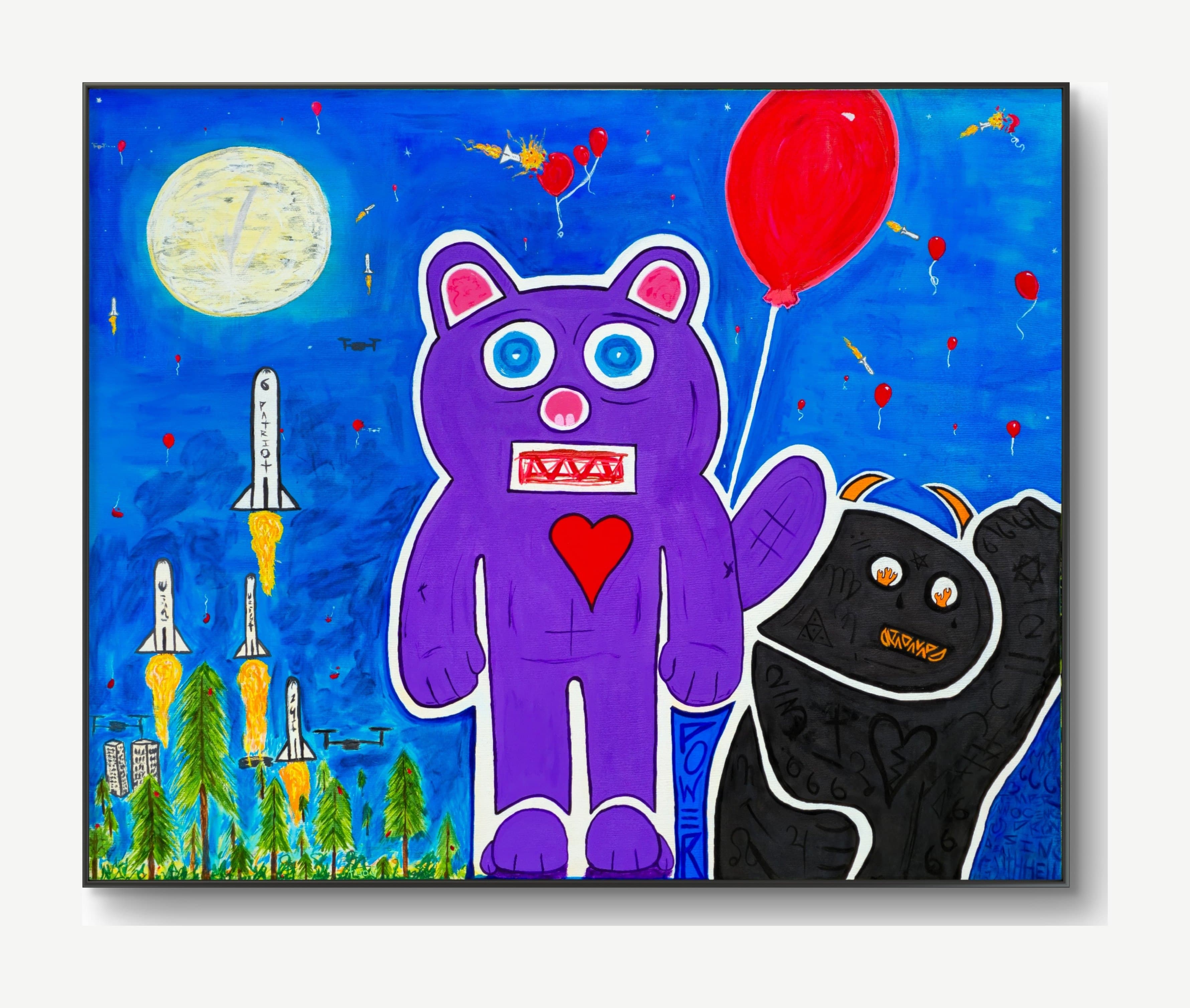 Bear Arms by tijo (2026), 150 × 120 cm acrylic and paint pen on linen. Two cartoon bears stand side by side against a deep ultramarine night sky under a scribbled pale full moon. The central purple teddy bear has white-ringed blue saucer eyes, pink inner ears, a pink snout, a red-framed mouth grid of white triangle teeth, a red heart on its chest, a hatched repair patch on one shoulder, and POWER lettered in dark blue down a cobalt strip at its hip. Its arm rises behind a smaller black bear with orange horns, orange flames burning inside white eyes, a single black tear, and fur scratched with a pentagram, stacked triangles, crosses, a star, a broken heart, 666 and other numbers. A large red balloon floats above them on a string. On the left, white missiles with lettered bodies, the tallest reading PATRIOT, climb on yellow flame trails over a small scrawled city and a row of green pines; quadcopter drones hover in the sky, small red balloons drift on white strings, and one white rocket bursts through a red balloon in an orange explosion. A royal-blue panel of scrawled words, INNOCENCE among them, fills the lower right beside the black bear’s leg.