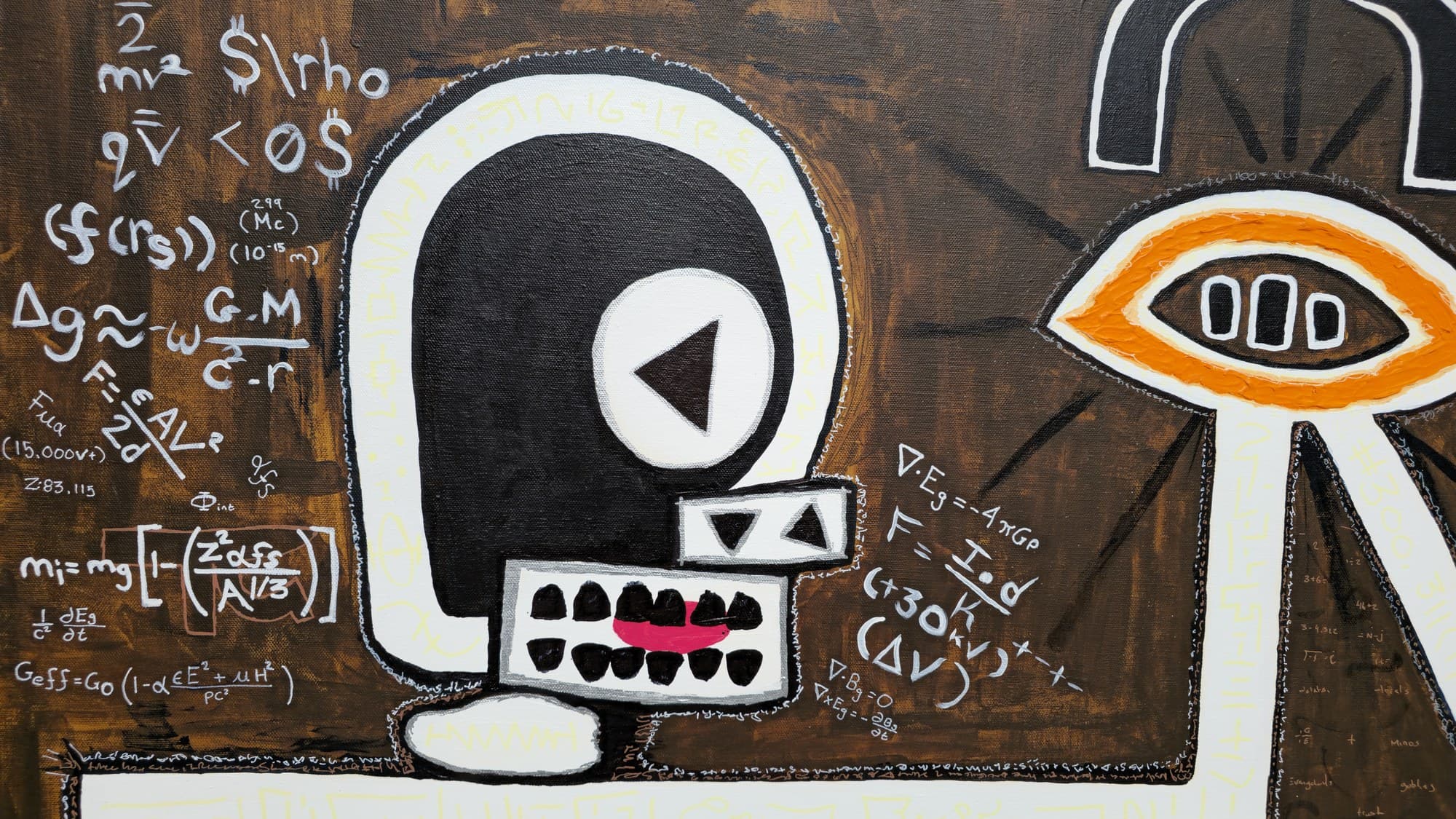 Close-up of the boy's black oval head in Boy & Dog V2: a single white circle eye with a black triangle, white block teeth with a pink tongue, and white physics equations chalked across the umber ground — ½mv², Δg ≈ ω G.M/c²·r, ∇·Eg = −4πGρ among them — with faint yellow glyph-script running inside the white outline.