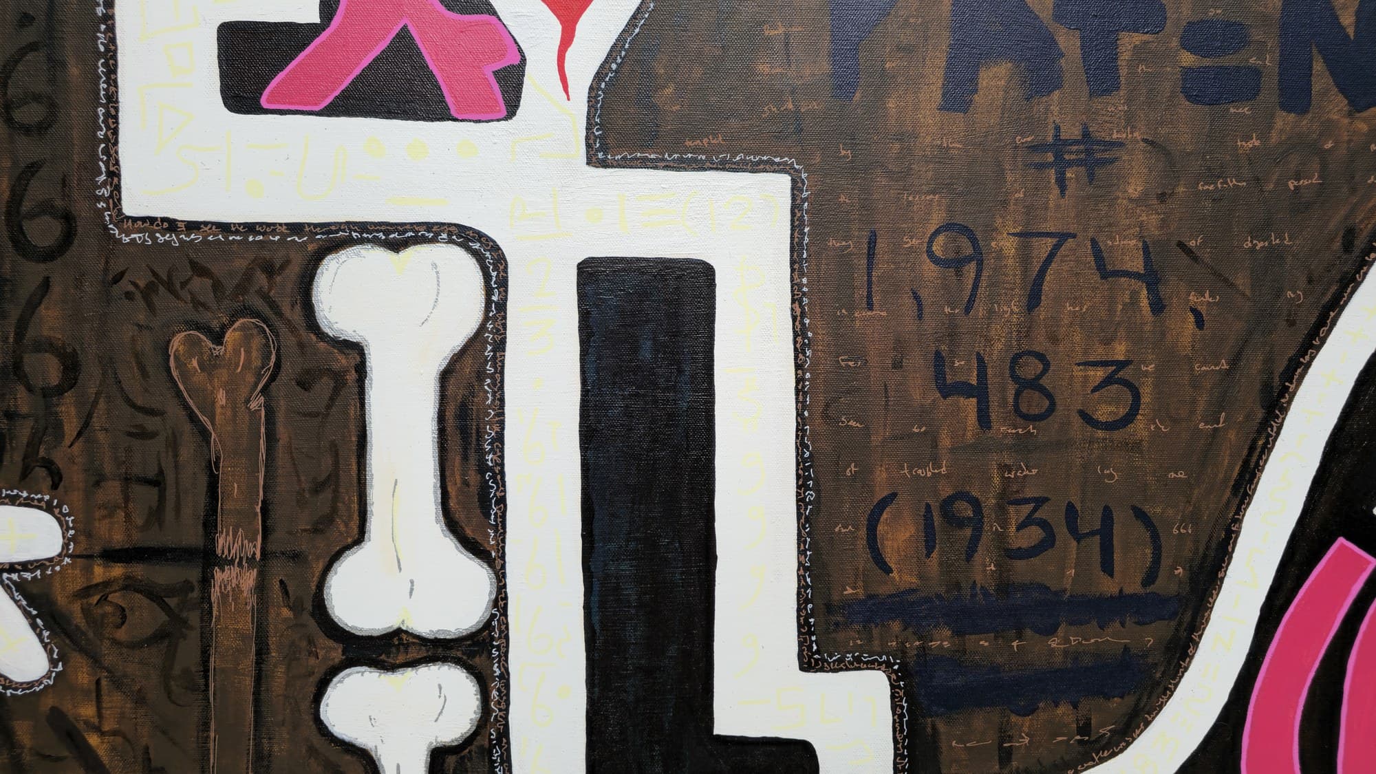 Close-up of the boy's bone leg in Boy & Dog V2 — two white femurs over a black shin — beside the dark-blue lettering 1,974,483 (1934), with faint terracotta handwriting and yellow number-script filling the brown ground.