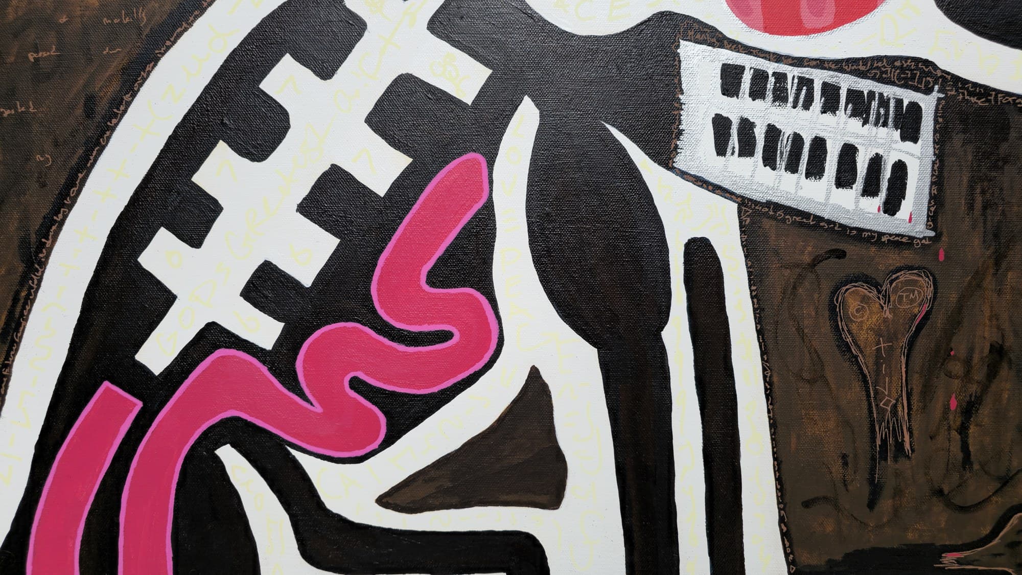 Close-up of the dog's body in Boy & Dog V2: white X-crosses stitched down the black back, the pink intestinal coil, the silver keyboard grid of teeth, and a small scratched heart inscribed with ©, TM, and the tijo signature in the brown ground.