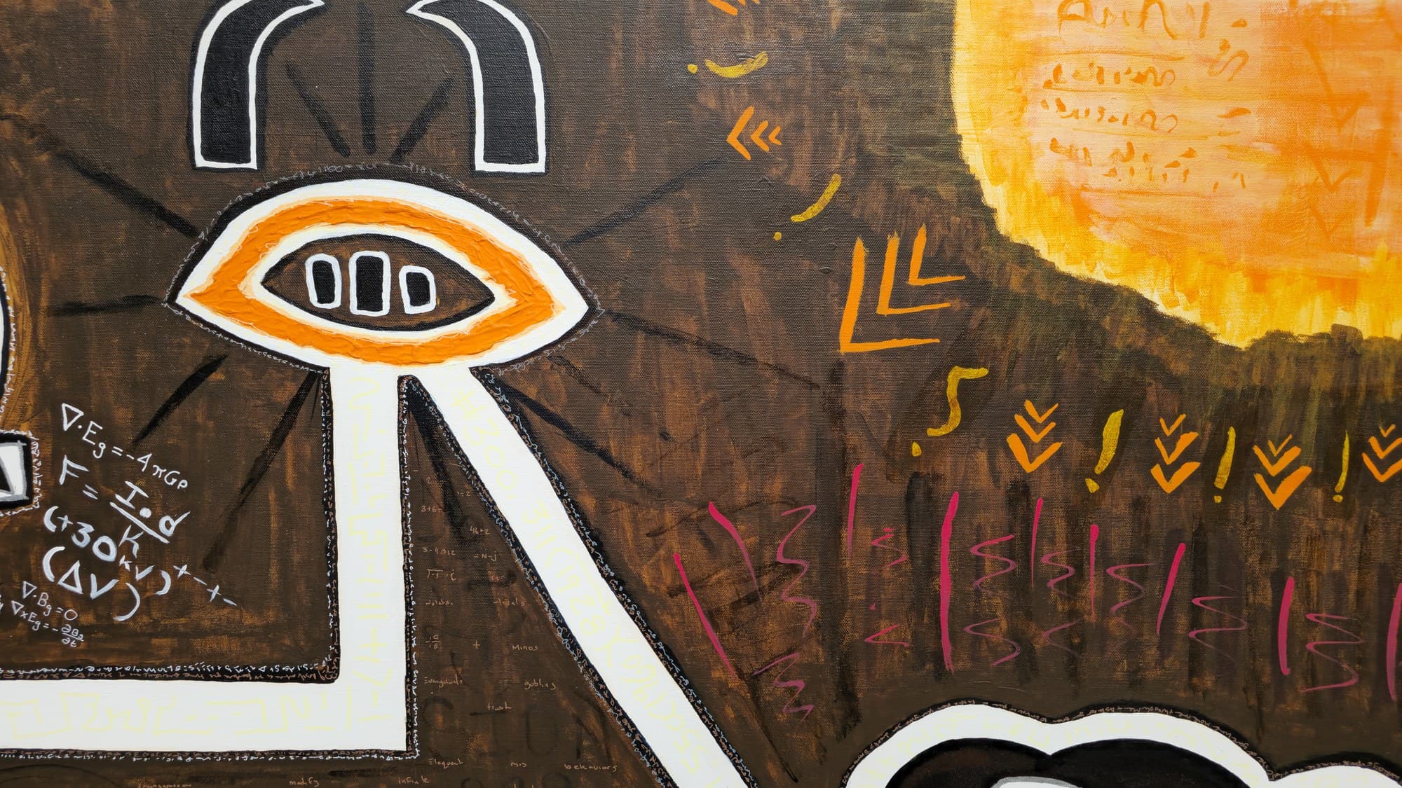 Close-up of the horned third-eye totem in Boy & Dog V2 — an orange-ringed eye with three white bars, radiating black lines — beside the orange sun inscribed with glyphs, orange arrows, and crimson script raining through the umber field.