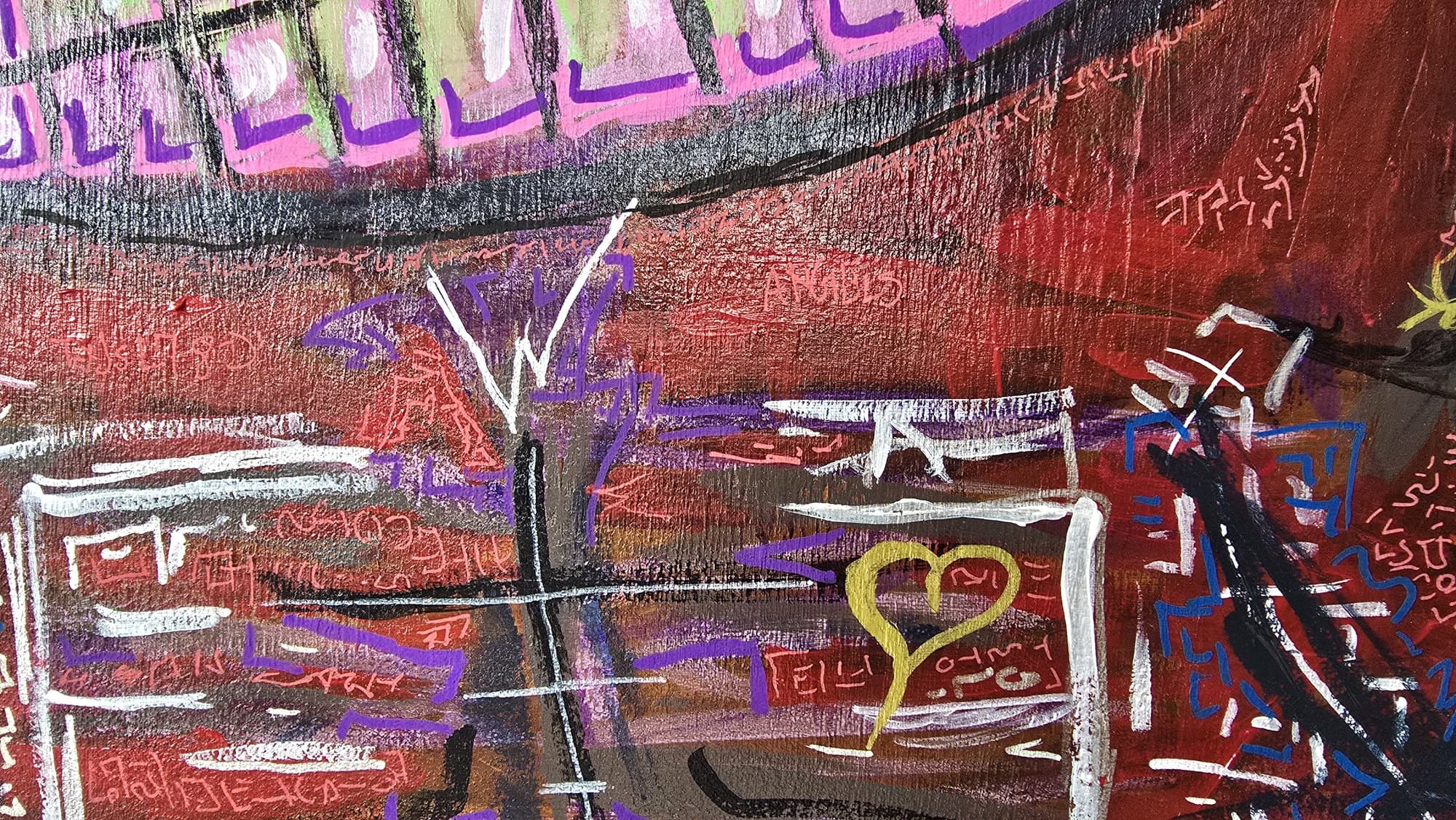 Close-up of the red bottom of the canvas — small yellow heart in a white grid, the word LOVE, and white and purple grid scribbles over the brown-red ground.