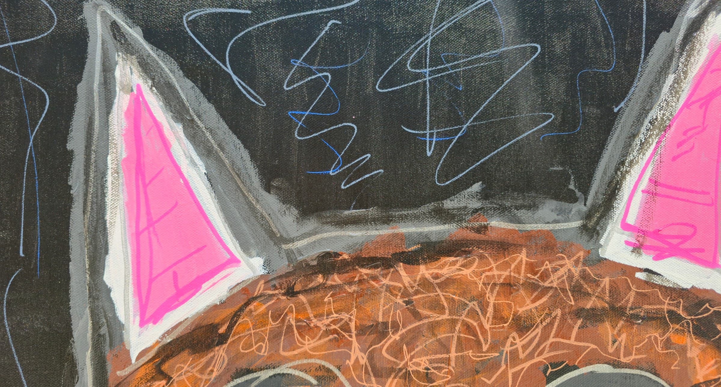 Close-up of the ears of Feral Freq: two pink triangular ears lined in white and grey rising from the brown scribbled head, against a near-black ground scratched with pale blue paint-pen loops and squiggles.