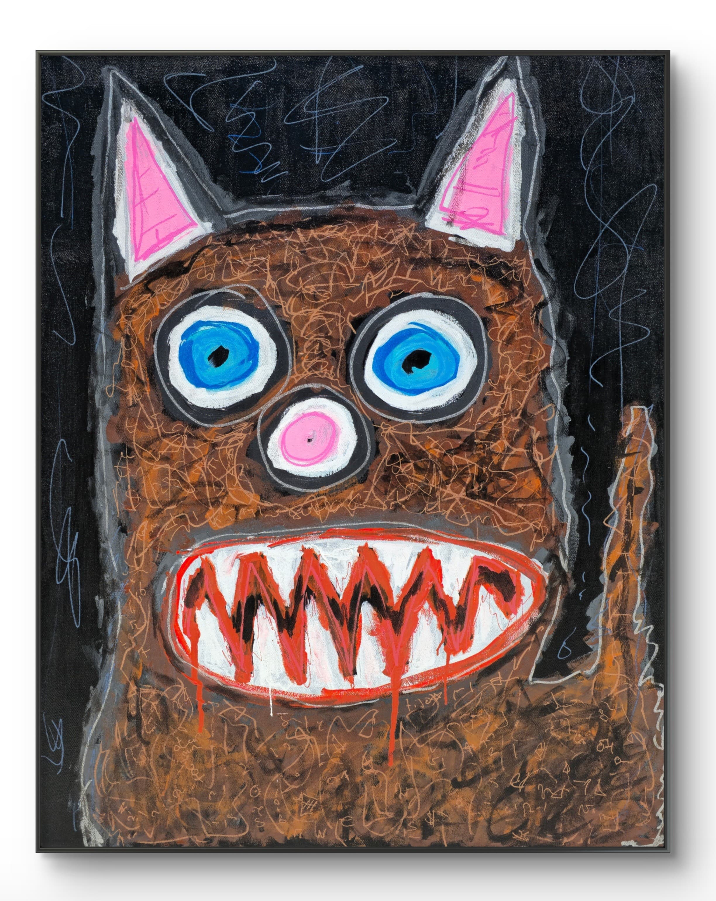 Feral Freq by tijo (2026), 60 × 80 cm acrylic and paint pen on canvas. A neo-expressionist frontal portrait of a feral cat filling a near-black canvas: two pink triangular ears lined in white and grey at the top; a brown head and body scratched all over in oil-brown paint-pen scribble; two large round eyes with blue-and-white irises, black pupils, and charcoal-grey rings; a small pink-and-white roundel nose between them; and a wide white grin of jagged red-and-black zigzag teeth outlined in red, with red paint dripping below the jaw. The dark ground is scratched with pale blue and white paint-pen loops and squiggles, and a brown tail curls up at the lower right.