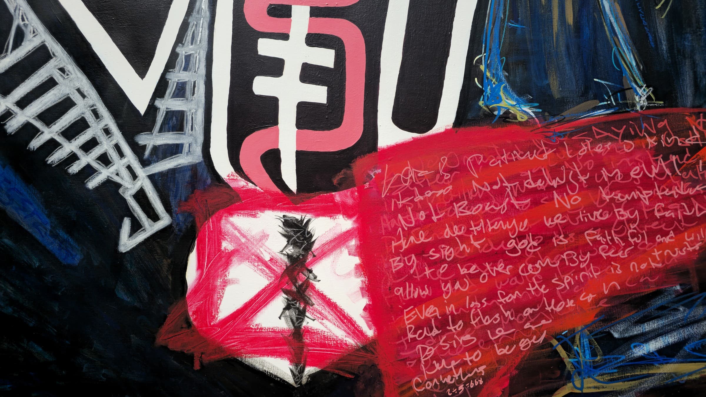 Detail of Flight for Safety: the lower middle — the figure’s white bars and winding pink line ending on a white block crossed out in red with a black scratched seam, beside the broad red field written over in white and pink paint-pen lines, among them SAYING, we live by faith, and God is faithful, with the chalk-grey ladder at left.