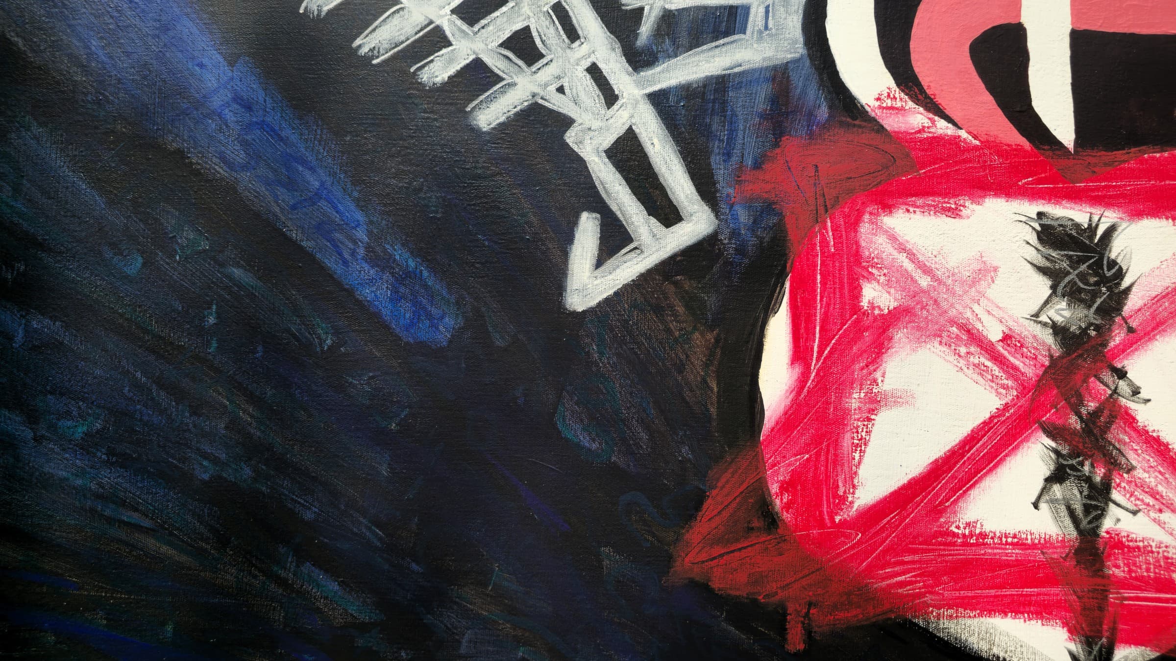 Detail of Flight for Safety: the lower left — the end of the chalk-grey ladder over long sweeping blue and blue-black brushstrokes, with the red-crossed white block and its black scratched seam at right, the canvas weave showing through the paint.