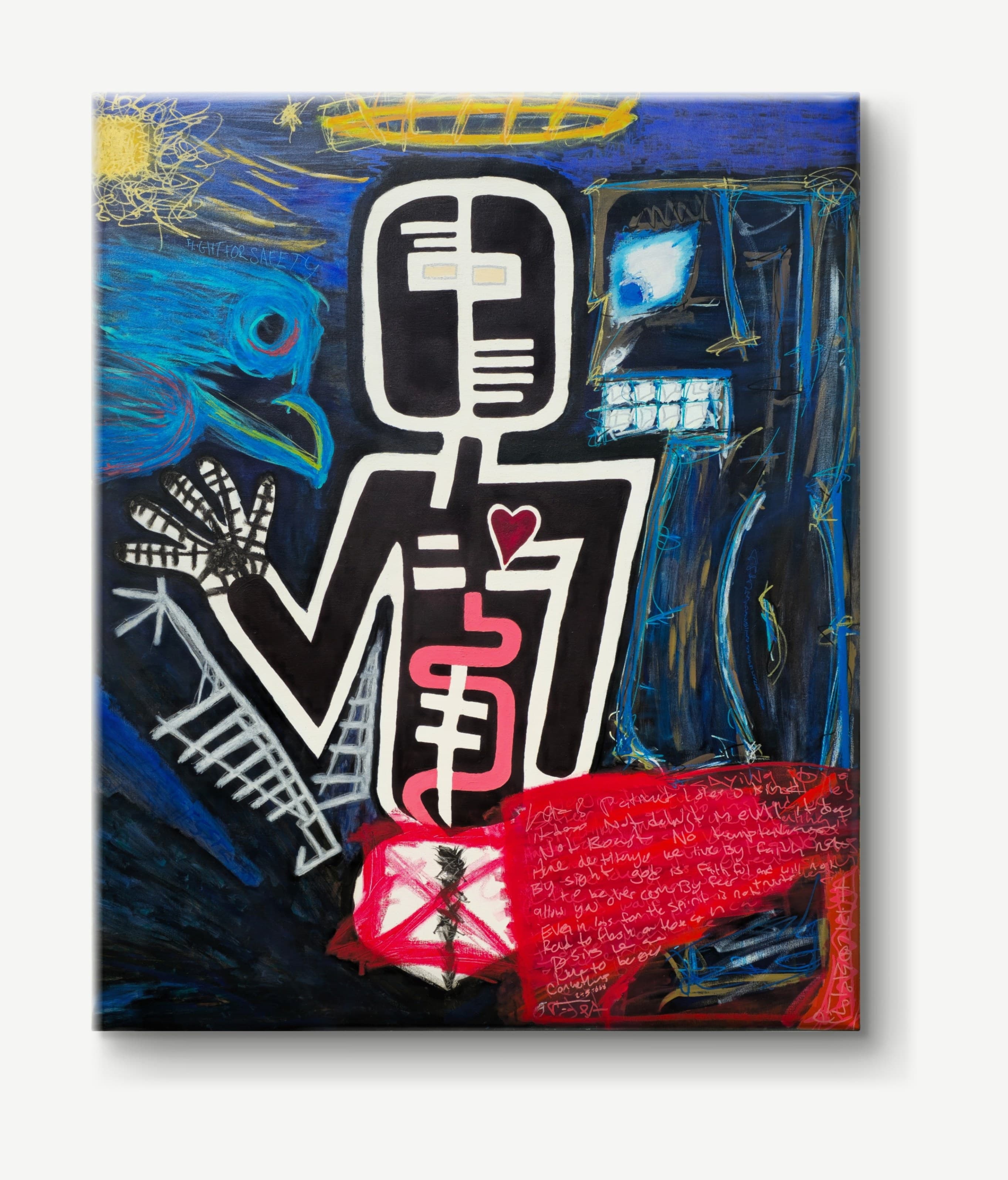 Flight for Safety by tijo (2026), 120 × 150 cm acrylic, oil stick and paint pen on canvas. A vertical neo-expressionist painting on a dark blue-black ground. At center stands a black totem-like figure outlined in thick white: a rounded head with white bars for features and two small cream rectangles for eyes, white bars down the torso threaded by a winding pink line, a small red heart outlined in white on the chest, and one arm raised with an open hand whose fingers are striped black and white. A loose yellow oil-stick halo floats above the head, and a scribbled yellow sun burns in the upper left corner. On the left a large blue scribbled bird head with a dark eye ringed in teal and red and a yellow-green beak faces the raised hand, with FLIGHT FOR SAFETY lettered small in pale blue above it; a chalk-grey ladder runs diagonally down from the figure’s elbow over sweeping blue-black brushstrokes. On the right, inside a blue scrawled frame, a boxy dark creature with one glowing white eye and a grid of square white teeth grins. The figure stands on a white block crossed out with a red X and split by a black scratched seam, and a broad red field sweeps in from the lower right, covered in layered white and pink handwritten lines including SAYING, love is patient, we live by faith not by sight, and God is faithful.