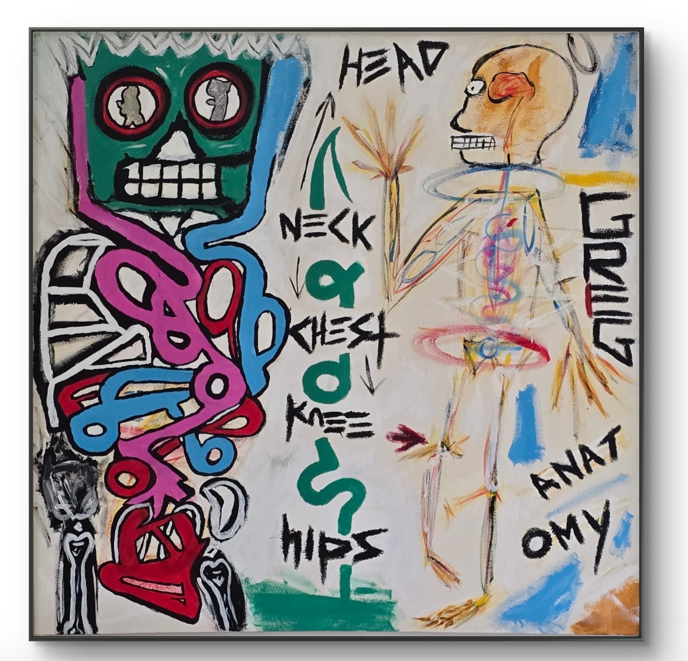 Gregs Anatomy by tijo (2026), 100 × 80 cm acrylic and oil stick on canvas. A neo-expressionist diptych-like composition with two contrasting figures: on the left, a green-skulled crowned cartoon figure with intestines drawn as continuous pink, blue, and red looping lines ending in red boots; on the right, a loose orange-headed wireframe figure rendered in pastel watercolor style. Black anatomy labels (HEAD, NECK, CHEST, KNEE, HIPS) run vertically through the center, with the word ANATOMY split as ANAT/OMY at bottom right and GREG down the right edge.