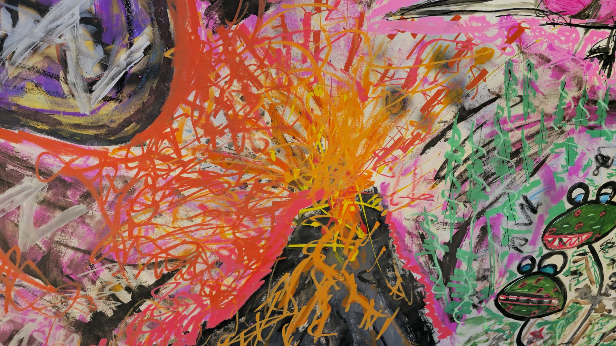 Close-up of the eruption in Impactual — dense coral, orange and yellow crayon scribble thrown over the black volcanic cone in overlapping loops, with green and magenta marks and one grinning flower-creature crowding in from the right.