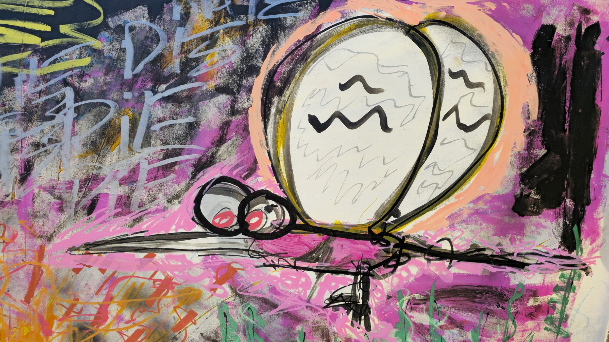 Close-up of the moon in Impactual — a large cream moon drawn with pencil squiggles and ringed in peach and yellow, a small black spectacled creature perched on a long wire beneath it, magenta ground behind, and the word DIE lettered three times down the dark left edge.