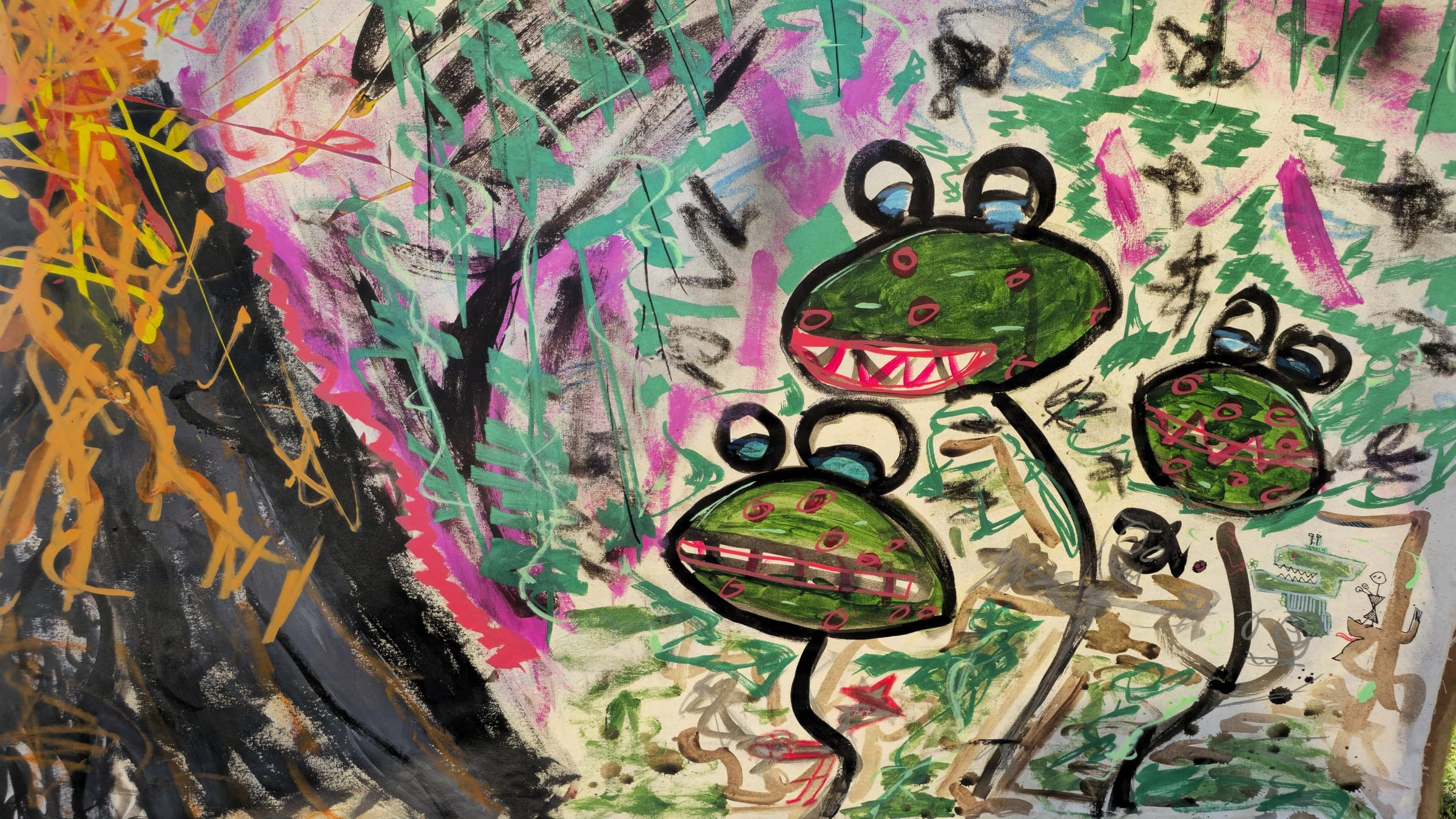 Close-up of the three green flower-creatures in Impactual — round green heads with red-dotted skin, wide red grinning mouths of white teeth, and blue eyes on stalks, standing on thin black stems in a field of green and magenta marks.