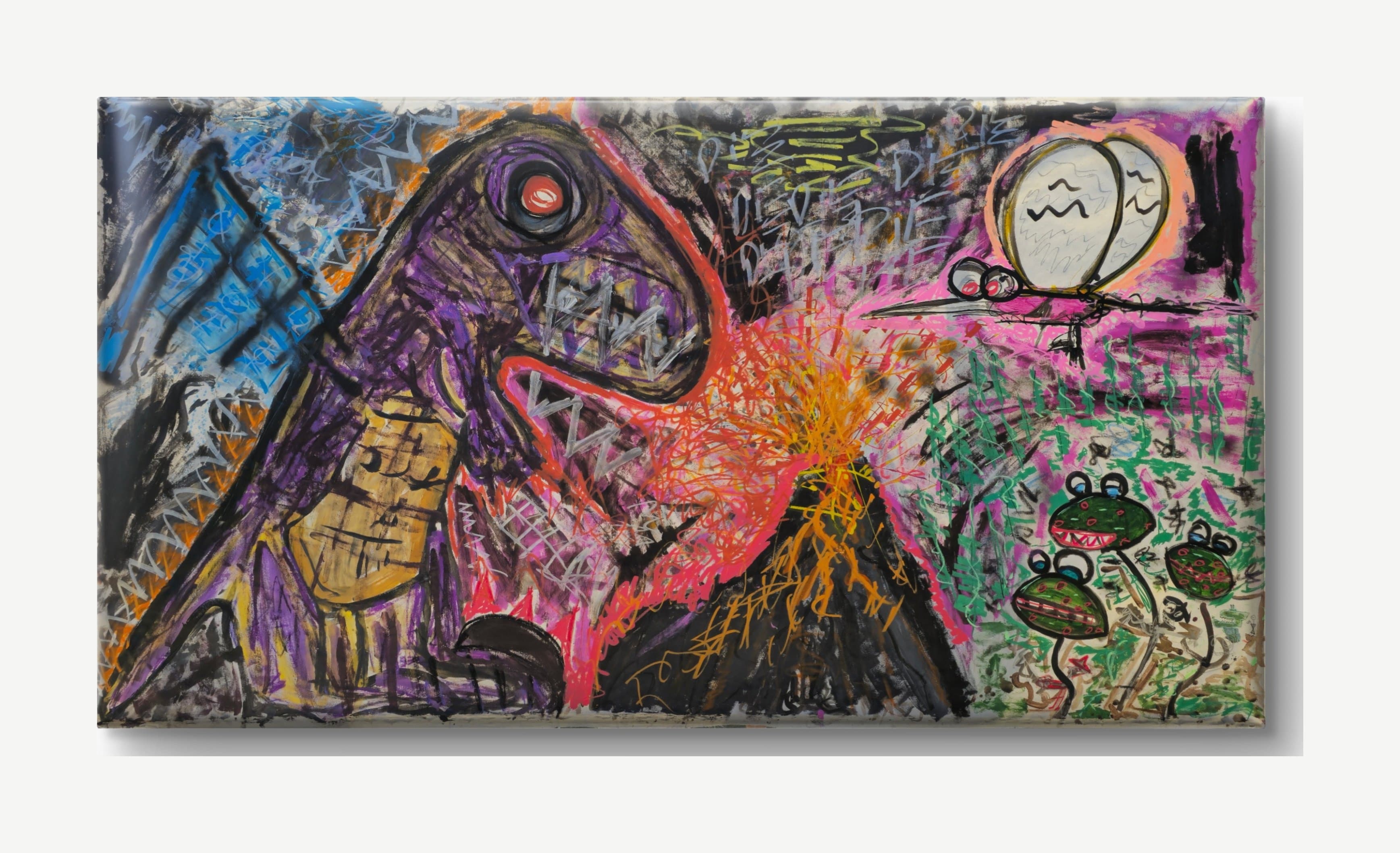 Impactual by tijo (2026), 300 × 150 cm, painting on canvas. A neo-expressionist panorama: at left a large purple-and-black beast in profile with a red-and-white eye set in a dark ring, a long jaw lined with white zigzag teeth, and an ochre-yellow slab across its chest, set against a cobalt-blue panel scrawled with pale glyphs. At center a black volcanic cone erupts in dense orange, yellow and coral scribble that spreads across the upper canvas in scratchy crayon lines. To the right, the word DIE is lettered three times in chalky pale strokes on a dark ground; beyond it a large cream moon ringed in warm pink and orange hangs above a small black spectacled creature perched on a horizontal wire. In the lower right, three round green flower-creatures with wide red grinning mouths and blue eyes stand on thin black stems in a field of green and magenta marks.