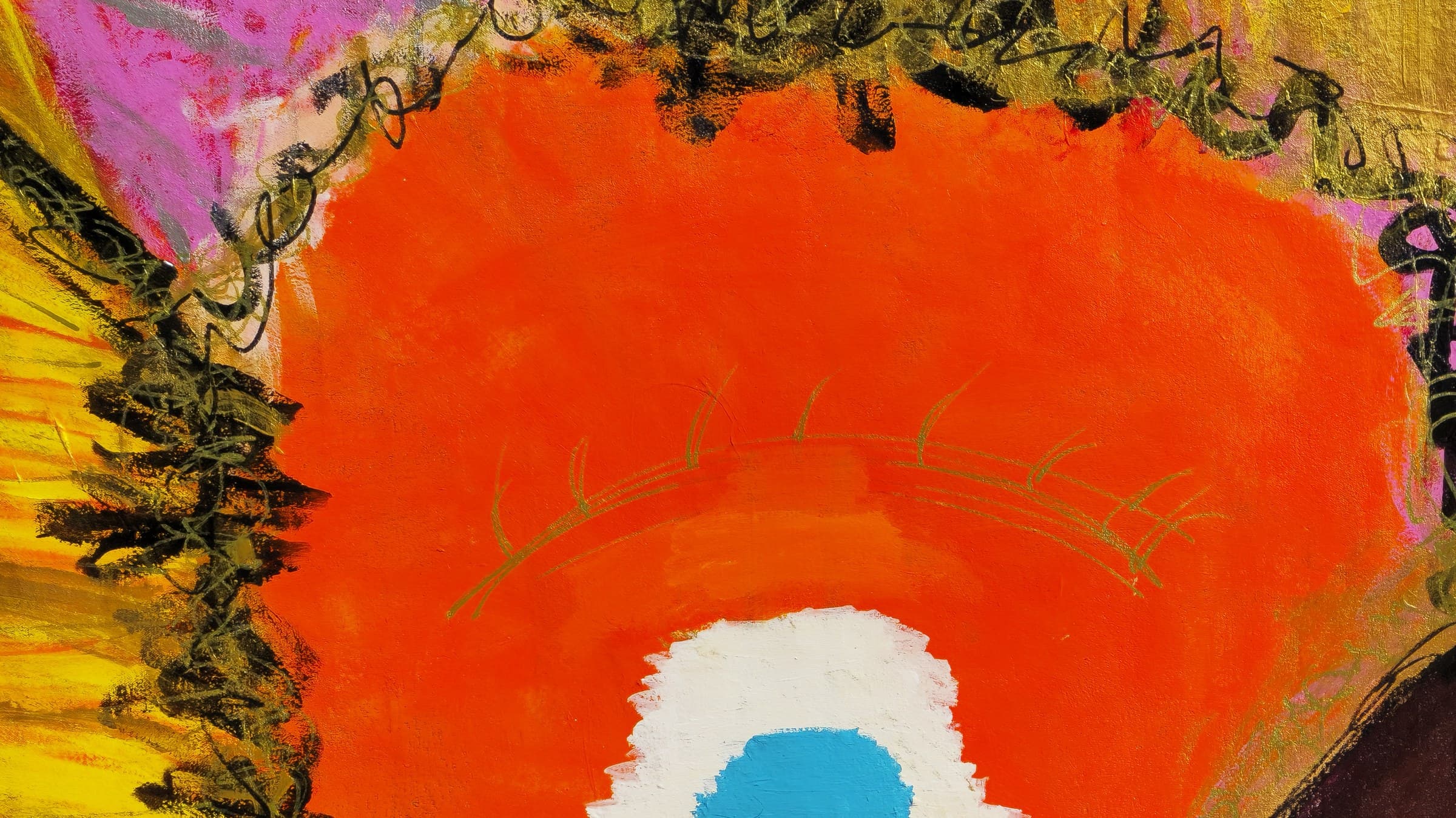 Close-up of one eye of Purrgatory — the orange eye-mask with a half-closed white eye and blue half-moon pupil, single gold-stroke lashes drawn above the lid, and the looping black scrawl holding back the yellow mane at the edges.