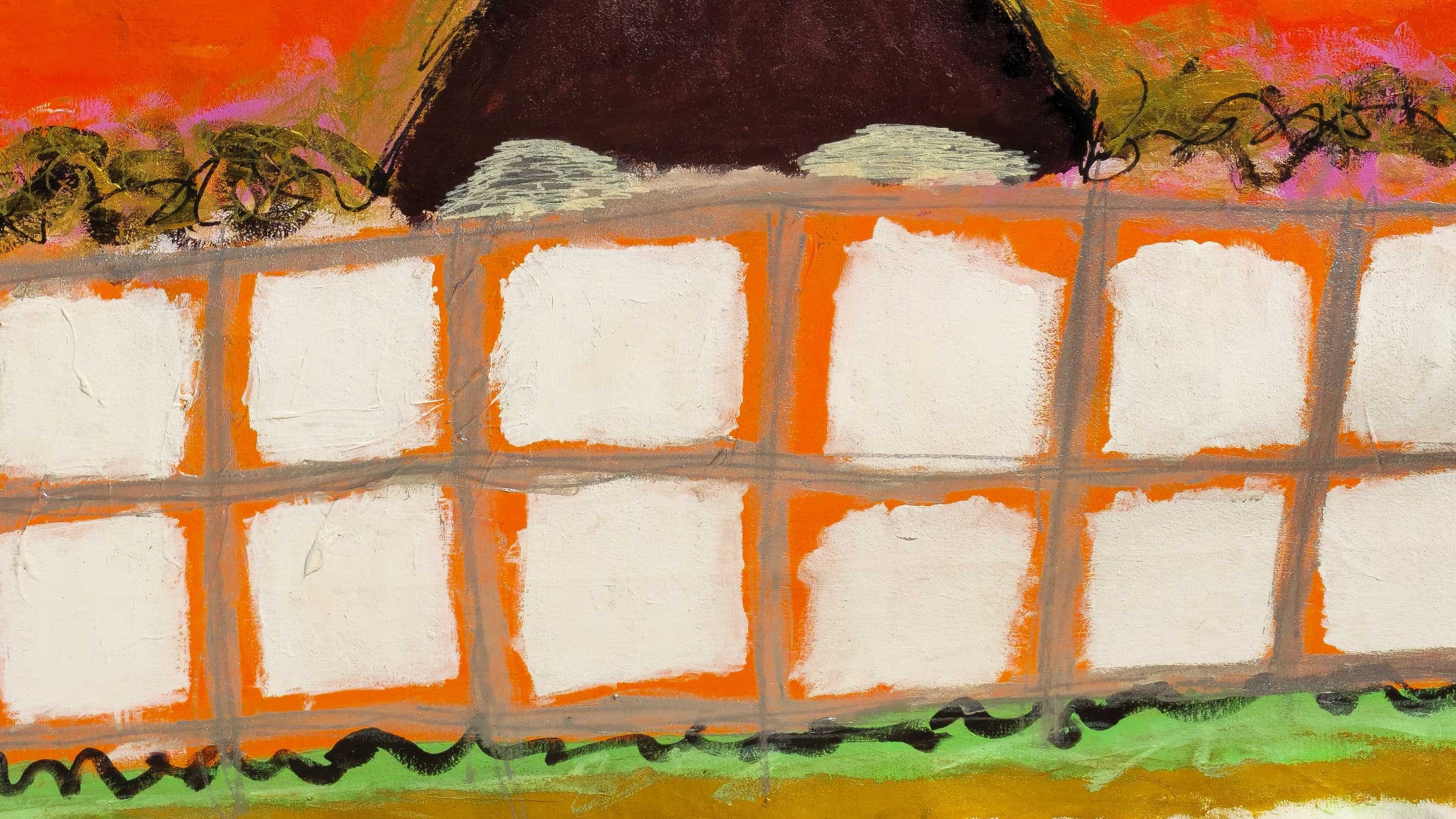 Close-up of the tooth-grid of Purrgatory — thick white squares in an orange lattice framed in gray, running under the dark plum triangle nose, with a black wave-line and green panel at the bottom edge.