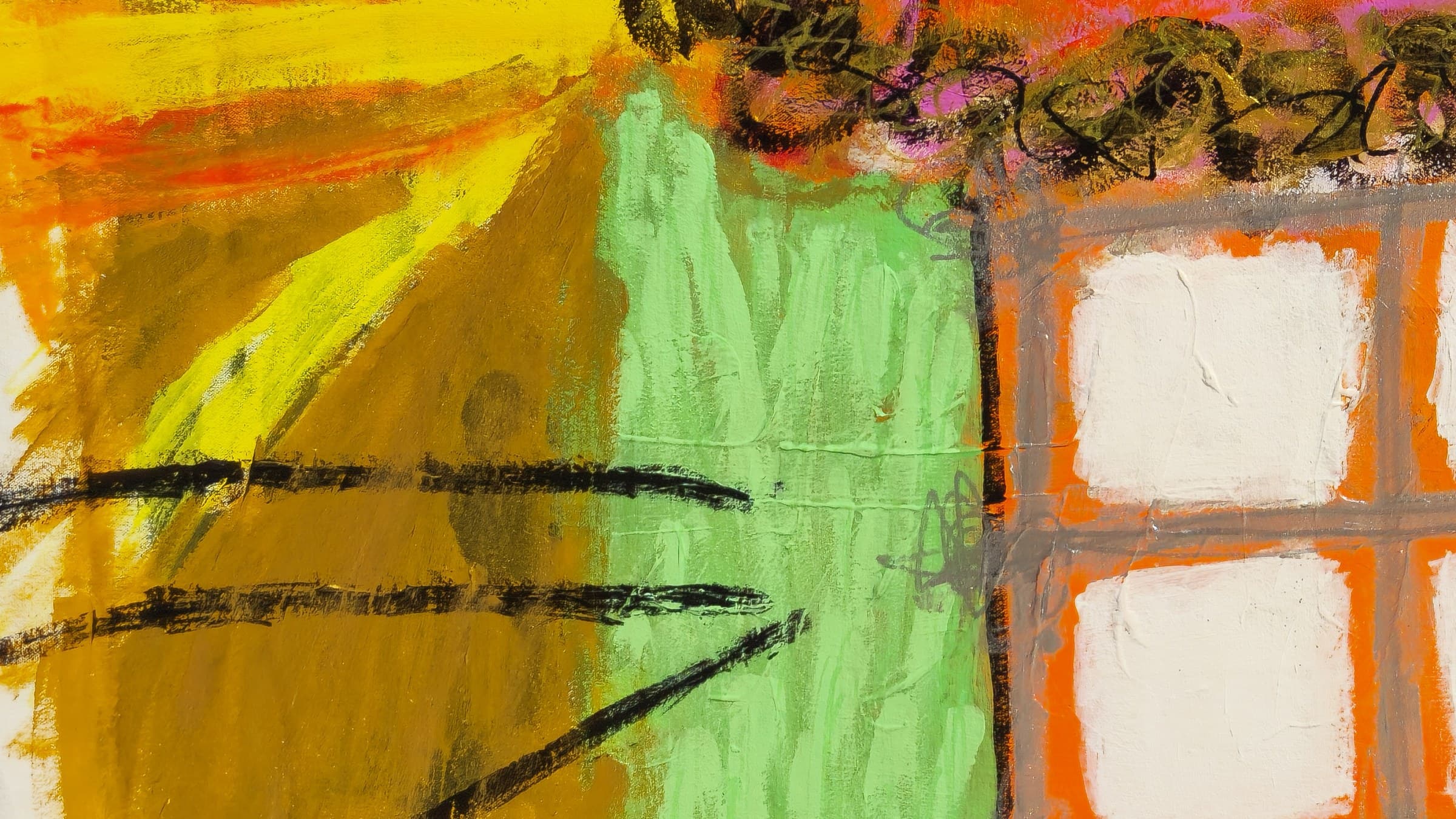 Close-up of the whiskers of Purrgatory — long black strokes scratched across the light green and ochre panels beside the mouth, with yellow mane rays entering from the upper left and the orange tooth-lattice at the right edge.