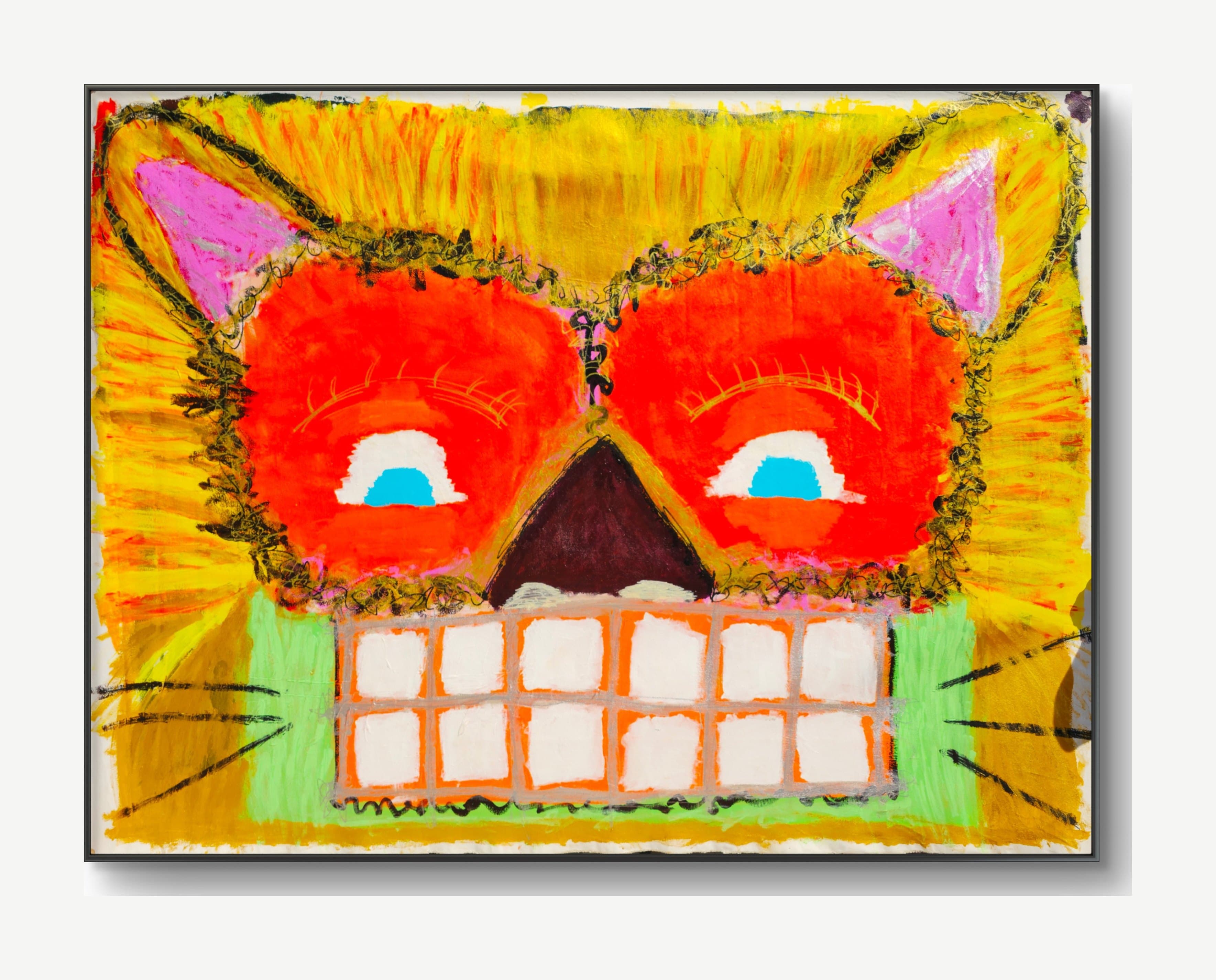 Purrgatory by tijo (2026), 200 × 160 cm, painting on canvas. A neo-expressionist frontal cat face filling the entire canvas: a yellow and gold mane radiating outward in long strokes, edged by a continuous looping black scrawl; two large orange eye-masks holding half-closed eyes — white with blue half-moon pupils and single gold-stroke lashes; pink-lined triangular ears; a dark plum triangle nose; and a monumental grin of two rows of thick white squares set in an orange lattice framed in gray, spanning nearly the full width. Black whisker strokes scratch across a light green panel and an ochre panel on either side of the mouth.