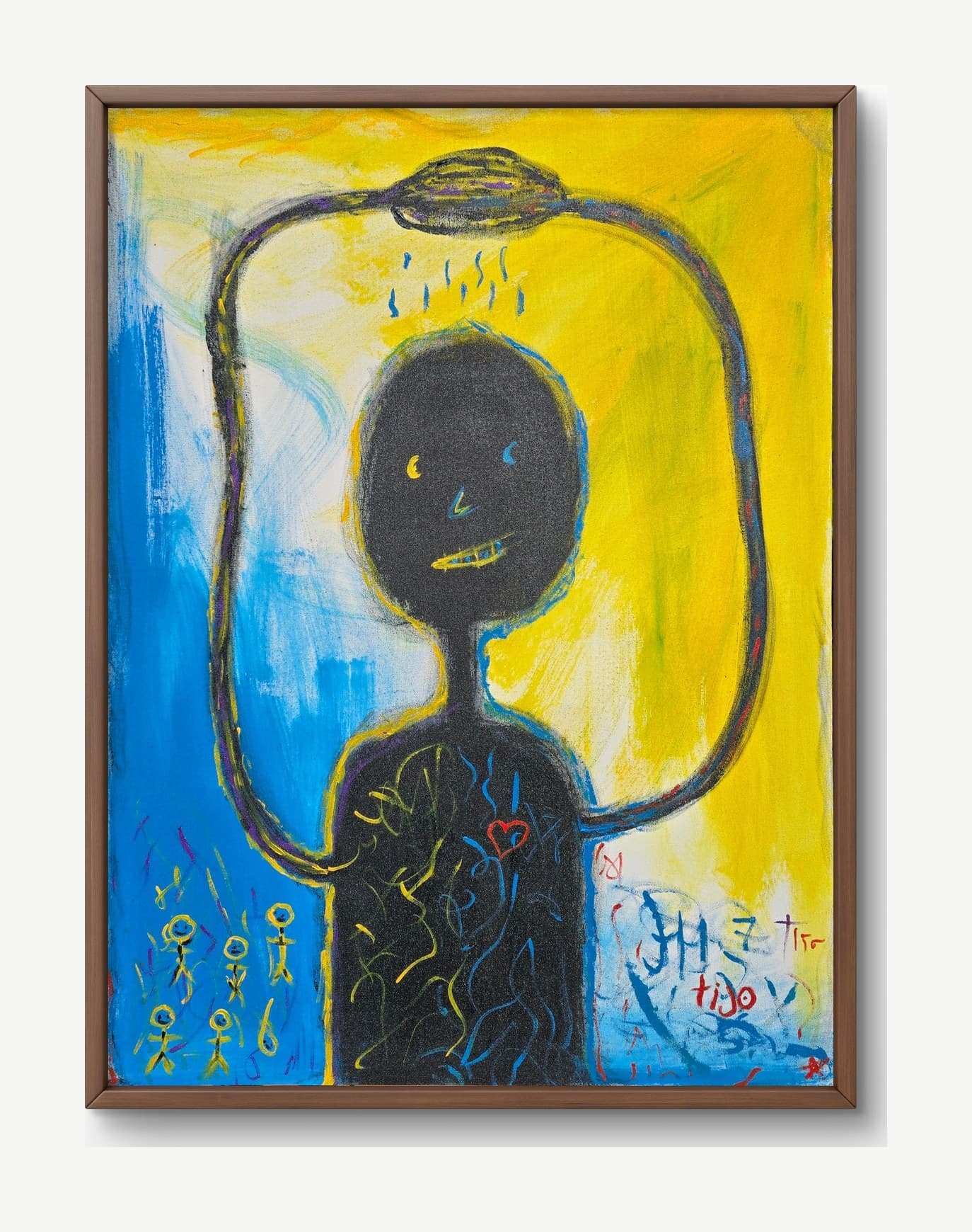 The Man by tijo (2025), 60 × 80 cm acrylic on canvas. A neo-expressionist portrait of a tall black totem-headed figure on a yellow and blue ground, with a curved streetlamp arching over the head and dripping rain onto it. A yellow asterisk eye and a blue mark sit on the face; a red heart glows on the chest amid loose scribbled lines in yellow, green, and blue. Small yellow stick figures stand in a row at the bottom-left. Signed tijo in red at the lower right.