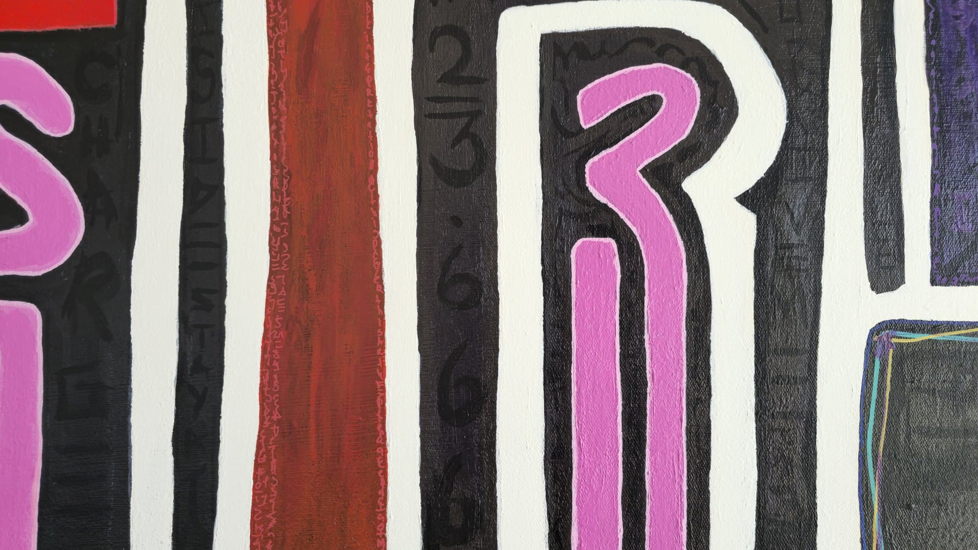 Mid-zoom of the body fragments of Three Angels: a partial pink S letter on the left and a pink R on the right, separated by columns of black against cream with hand-written numbers (2/3, 6.6) and a vertical deep-red column running with dense small red text.