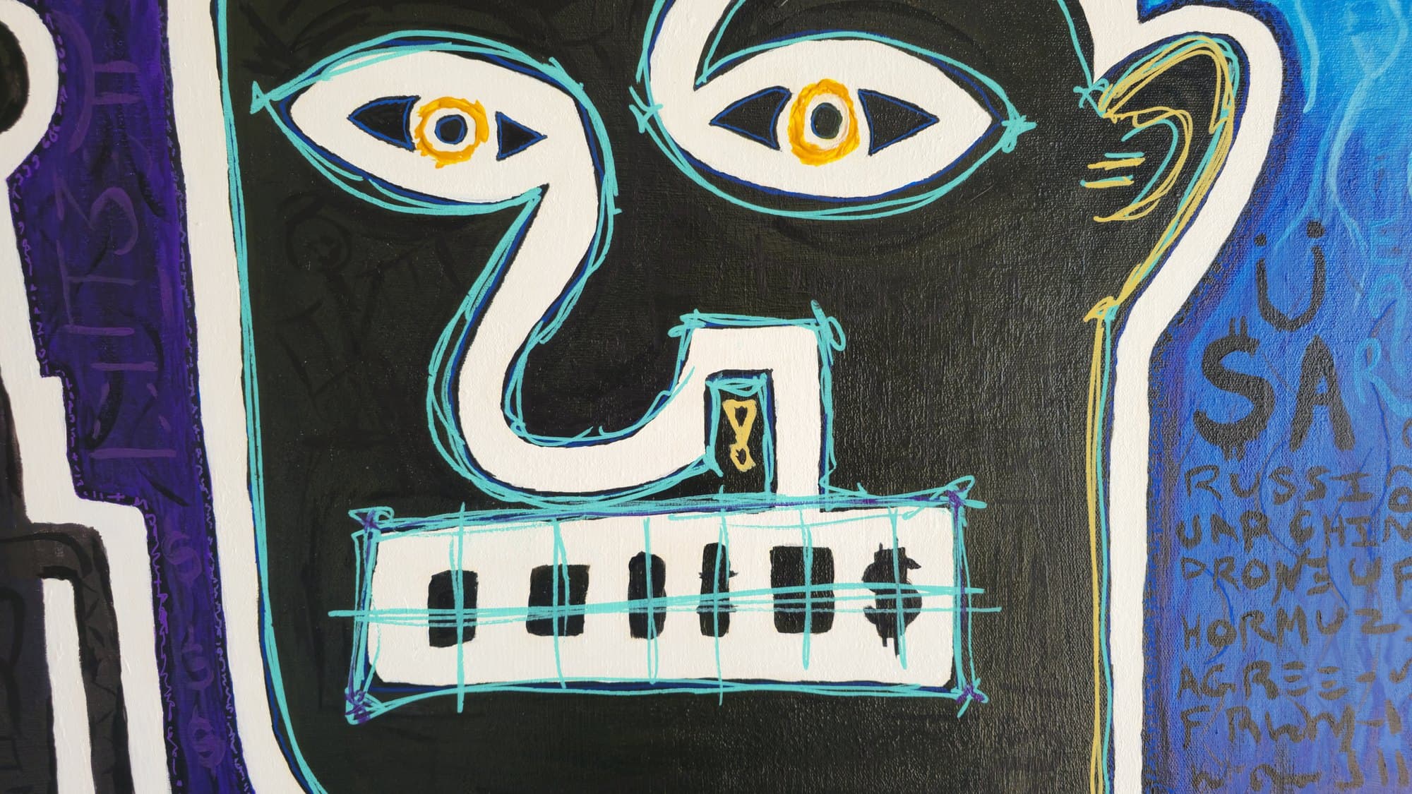 Close-up of the right figure of Three Angels: black-skinned face with electric-teal linework, large white almond eyes with yellow ring pupils, a coiled white snake-shape nose with a small yellow key icon, and a rectangular white keypad mouth spelling 0 1 1 D $ under barbed-wire teal hatching. To the right, a blue side panel lists USA, RUSSI, UNA, CHINO, DRONE, HORMUZ, AGREE, FRWWY stacked vertically in faint grey lettering.