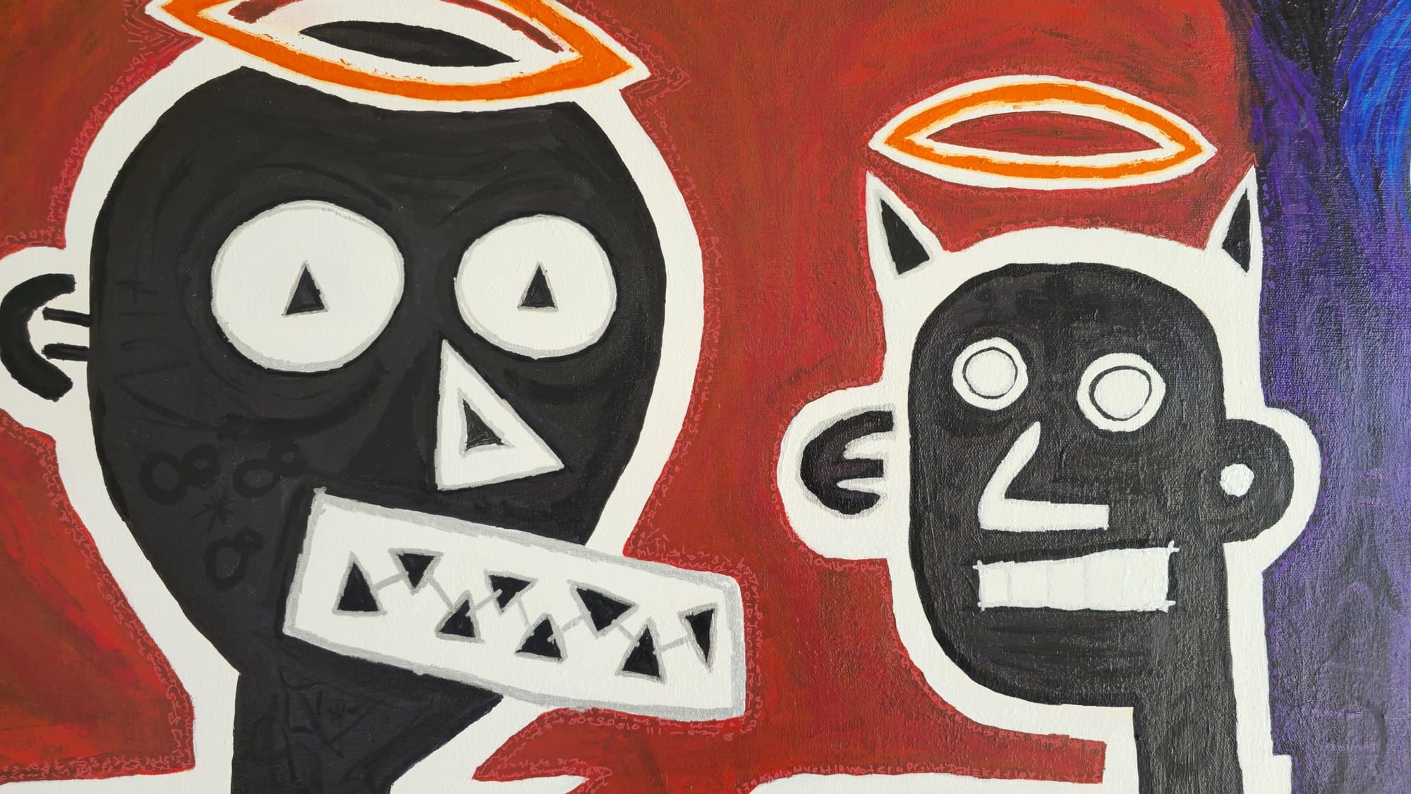 Close-up of the two left figures of Three Angels: a black skull-head with an orange halo, two large white circular eyes with black triangles inside, a triangular nose, and a wide white mouth with a row of zigzag triangle teeth. Beside it a smaller black-faced figure with an orange halo and two horns, white circle eyes, and a simple grinning mouth.