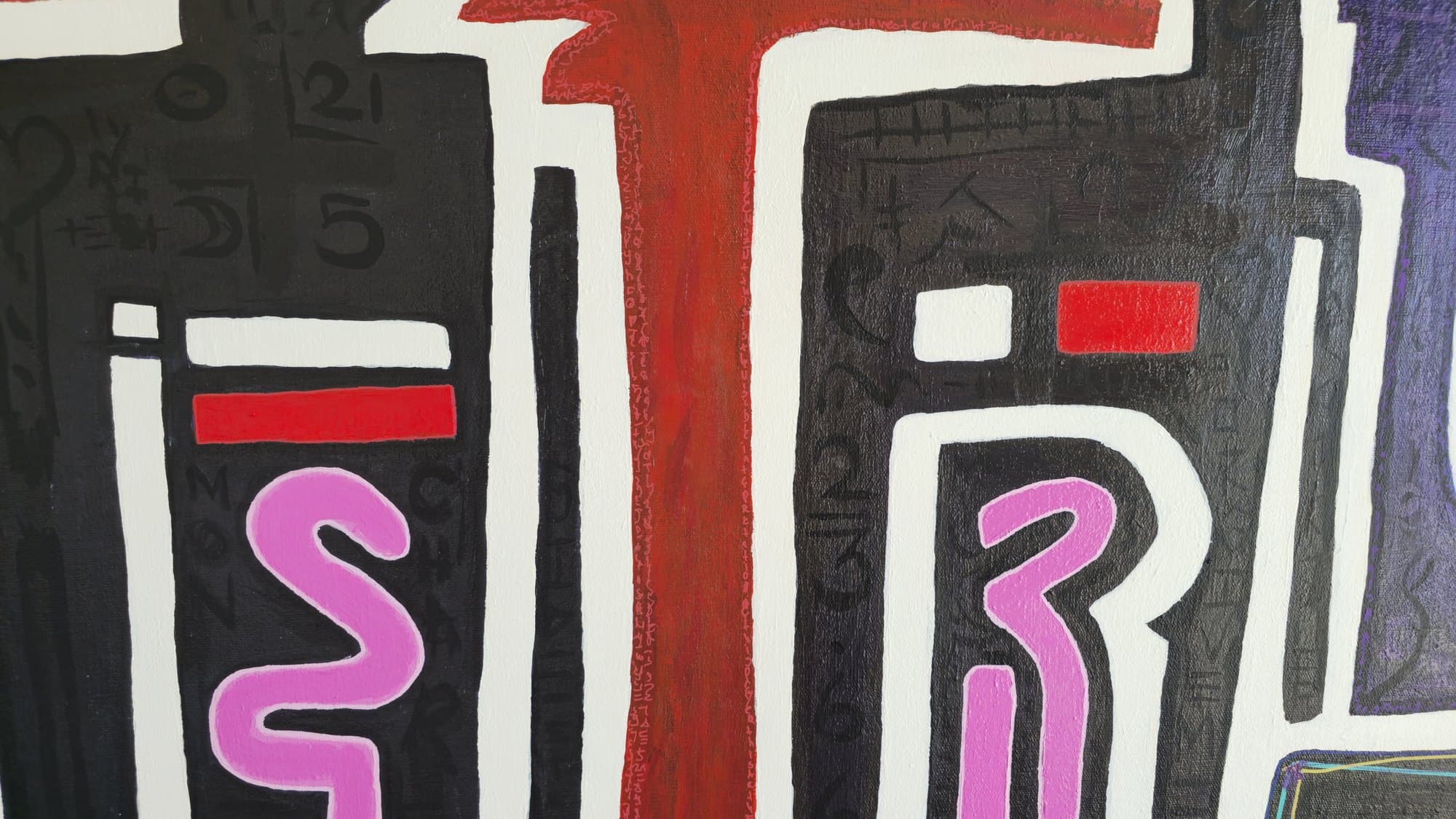 Close-up of two figure bodies in Three Angels showing the pink S and R letters standing tall against black ribcage-like columns, with white-and-red bars above each letter and scrawled pencil-thin numbers (0, 2, 1, 5, 6, 3) hand-written across the surface.