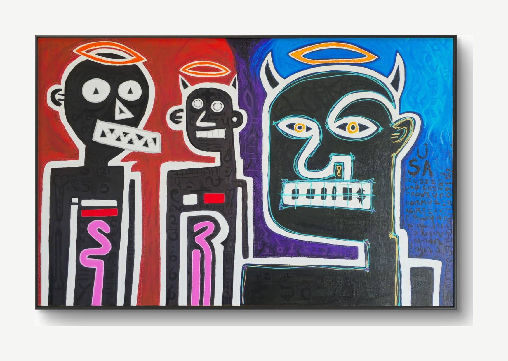 Three Angels by tijo (2026), 150 × 100 cm acrylic on canvas. A neo-expressionist landscape painting of three figures across a red-purple-blue gradient ground, each with an orange halo above the head. The two right figures also wear horns — angel and devil simultaneously. Far left: a black skull-head with white circle eyes containing black triangles and a wide white mouth of zigzag triangle teeth; a pink S letter stands at the chest with a red horizontal bar above it. Middle: a smaller black-faced figure with halo, horns, white circle eyes, and a simple grin; a pink R letter at the chest. Right: the dominant figure with electric-teal linework — almond eyes with yellow ring pupils, a coiled snake-shape nose with a small yellow key icon, and a white keypad-style mouth spelling 0 1 1 D $ under barbed-wire teal hatching. A blue side-panel lists USA, RUSSI, UNA, CHINO, DRONE, HORMUZ, AGREE, FRWWY stacked vertically in faint grey lettering. The canvas is densely annotated in pencil-thin black and red scrawl beneath the major motifs.
