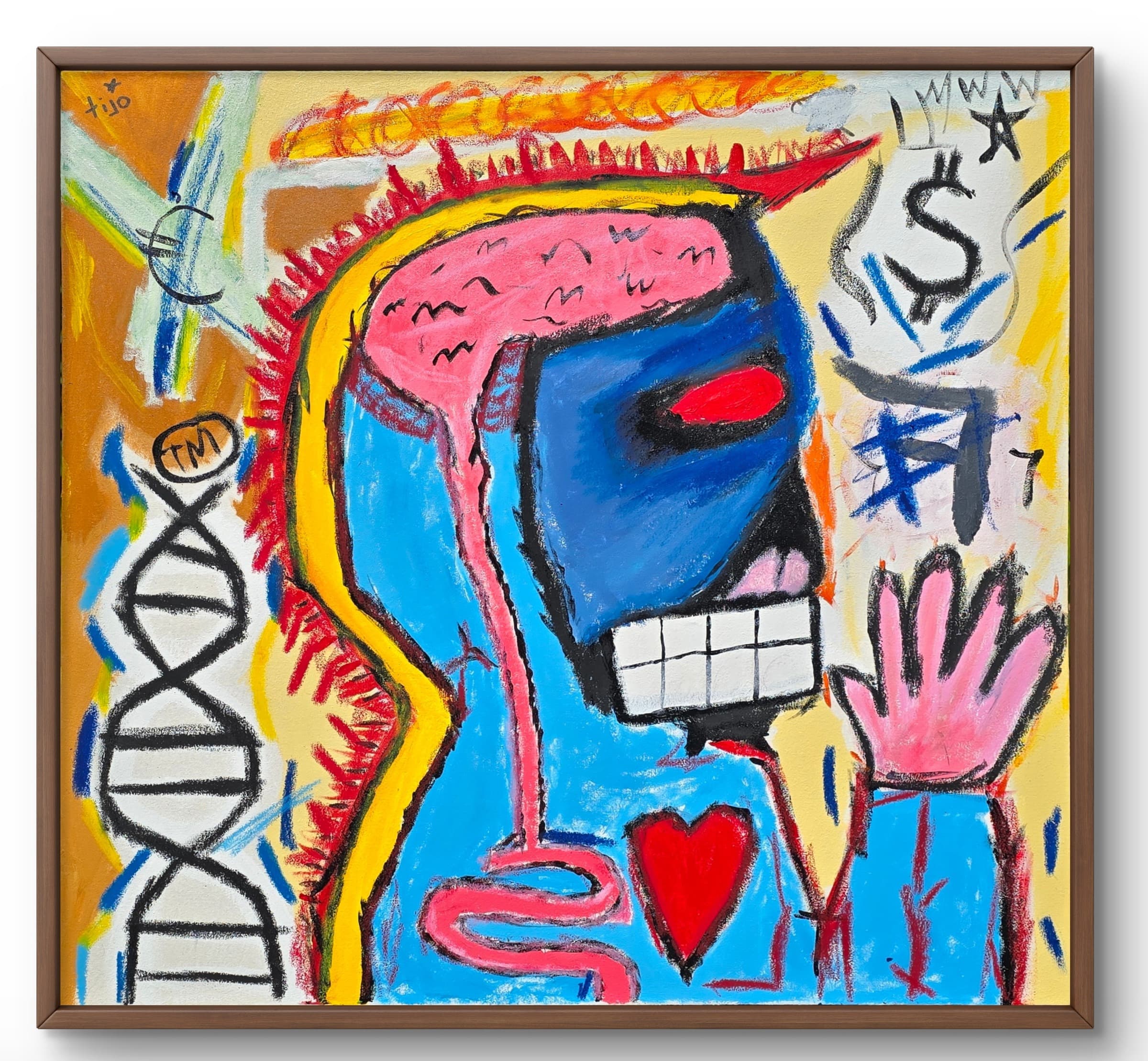 Untitled by tijo (2025), 80 × 80 cm acrylic and oil stick on canvas. A neo-expressionist portrait of a blue-skinned head with a pink brain visible through the skull, a single red eye, a square-toothed grin, and a red horn at the crown. A DNA double helix marked with a TM stamp sits on the left of the canvas; a pink hand reaches up on the right. A red heart is centered in the chest. Surrounded by floating dollar and euro symbols on a yellow-orange ground.