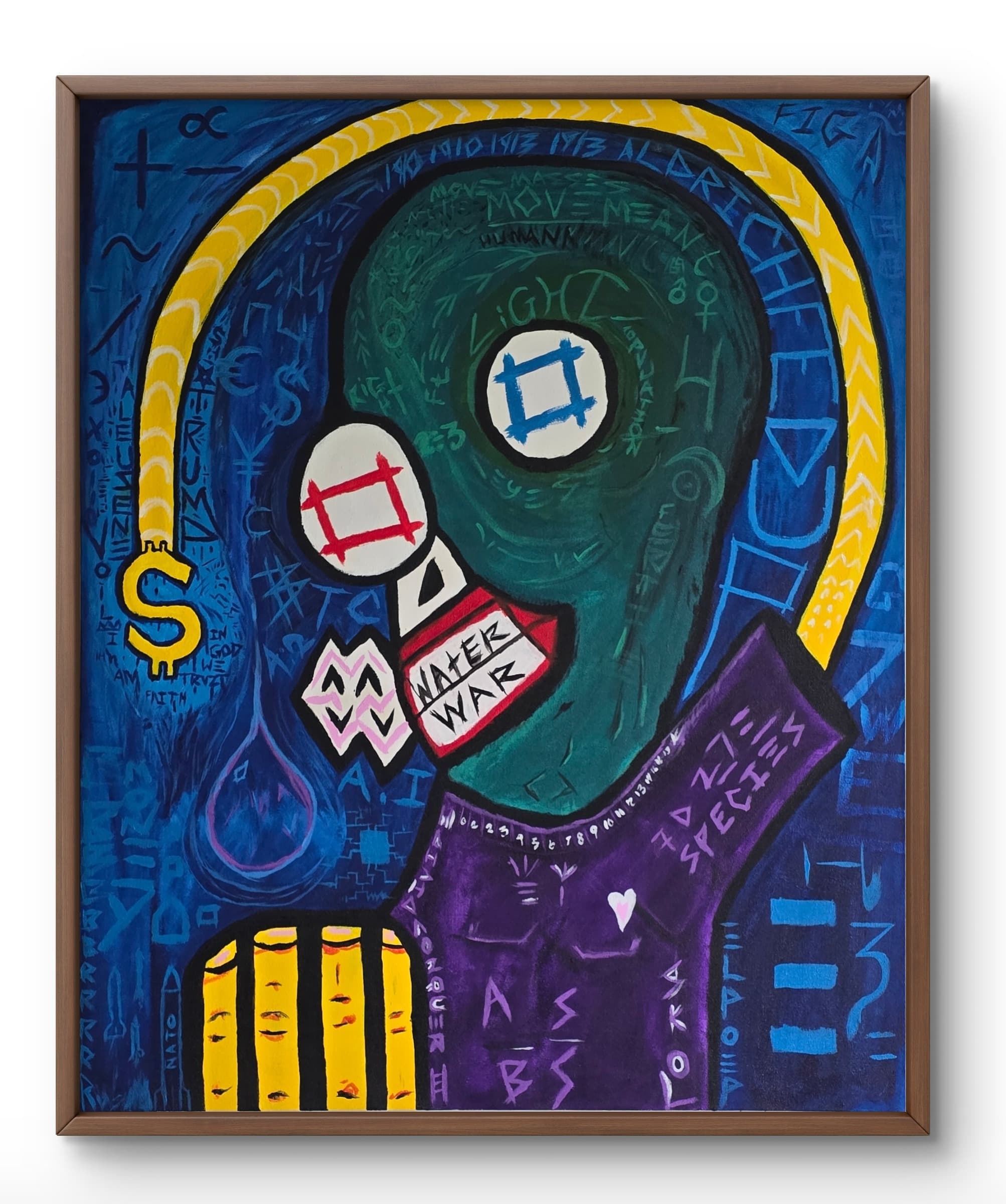 Water Wars by tijo (2026), 140 × 120 cm acrylic and oil stick on canvas. A neo-expressionist portrait of a green-skinned figure with mismatched eyes (a yellow frame and a red frame), a yellow dollar-sign chain wrapping the head like a noose, and a red WATER WAR name-tag taped across the mouth. The figure wears a purple military uniform with SPECIES stencilled on the shoulder; NATO yellow-and-black prison bars at the chest. Background dense with text including IN GOD WE TRUST, A.I., LIGHT, HUMAN, currency symbols, year dates, and mathematical operators.