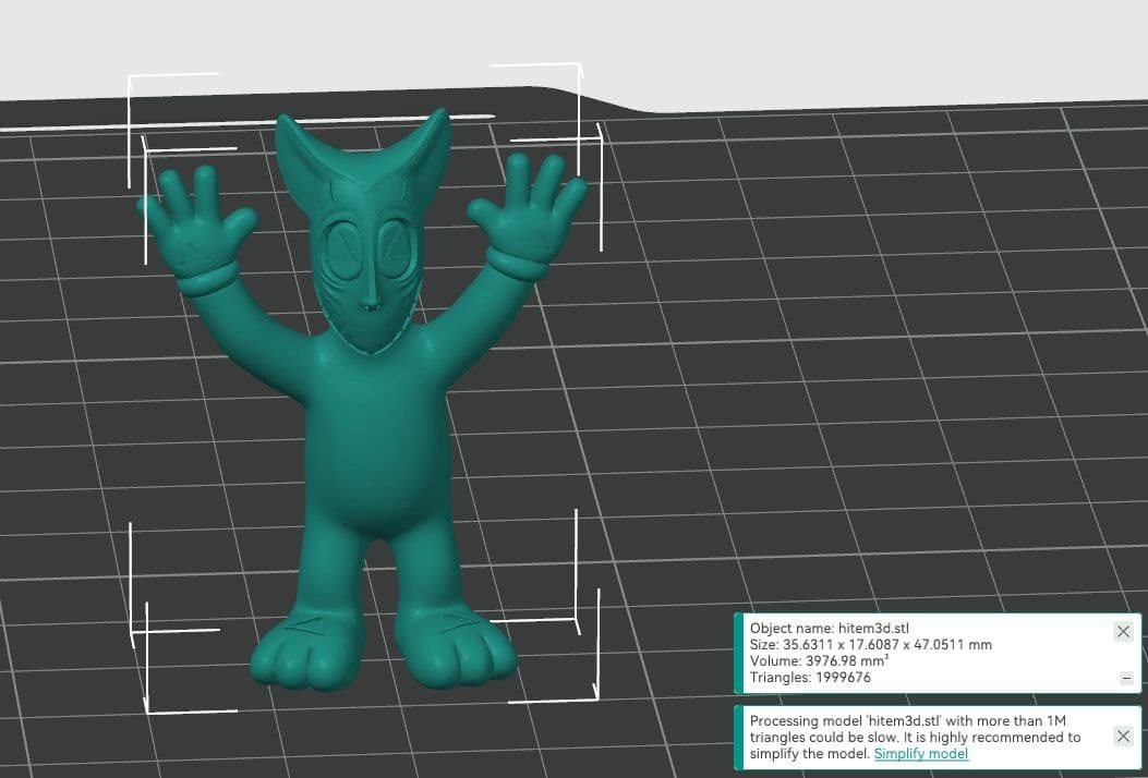Apophis 3D mesh model in a slicer — teal default-color geometry, raised arms, horned head. Measured 35.6 × 17.6 × 47.0 mm.