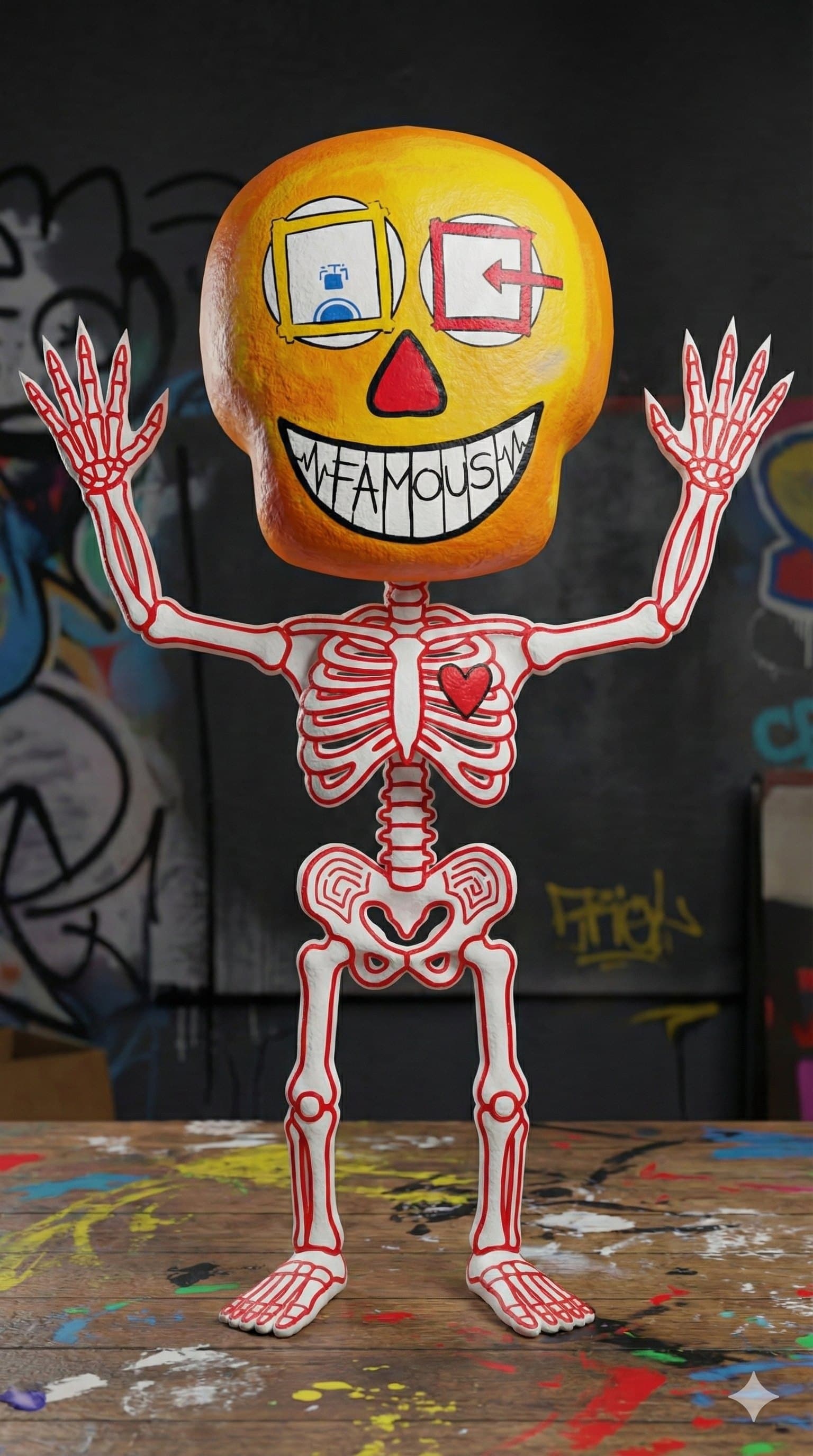 Painted full-body Mr. Happy skeleton totem — yellow-orange skull with FAMOUS spelt across the teeth, red linework skeleton body, red heart on chest. Standing on a paint-splattered table in front of a graffiti wall.