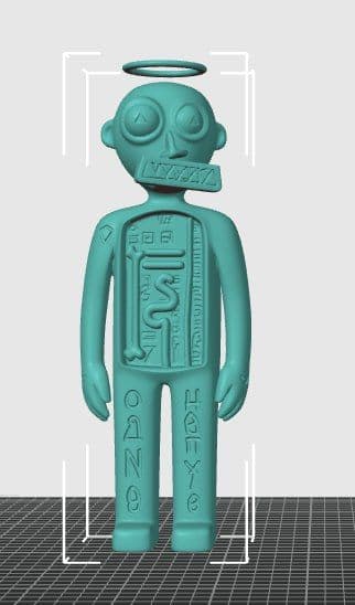 Digital 3D mesh of the Three Angels figure in the modelling software — teal default-color geometry with a halo floating above the round head, triangle pupils in circular eyes, a zigzag collar, and the bone, serpent, and glyph markings sculpted into the open torso and legs.