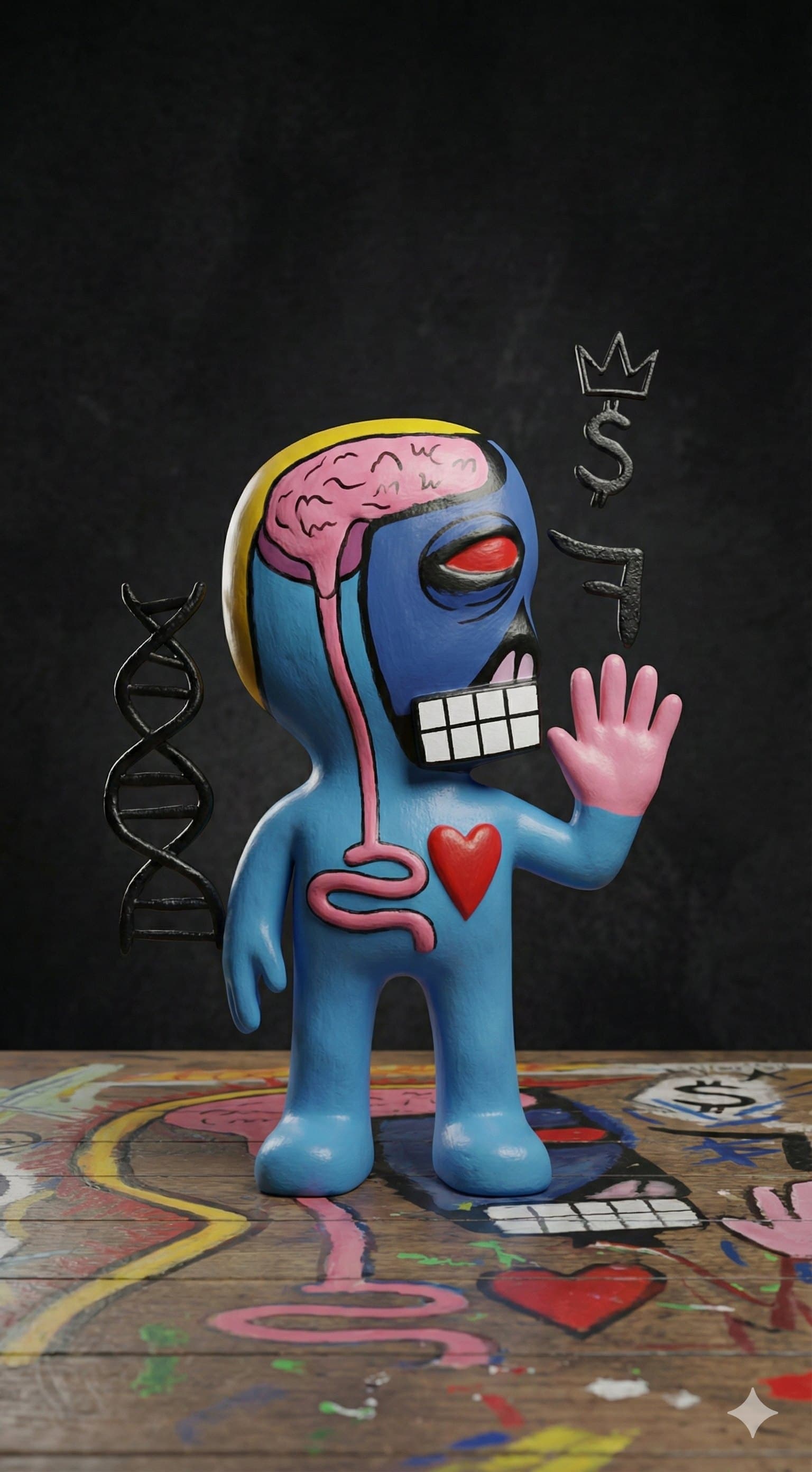 Finished sculpture of the Untitled blue-head character: blue body with pink brain visible through the skull, red square eye, white teeth, pink intestines and red heart visible through the chest. DNA helix and dollar-sign crown drawn on the wall behind.