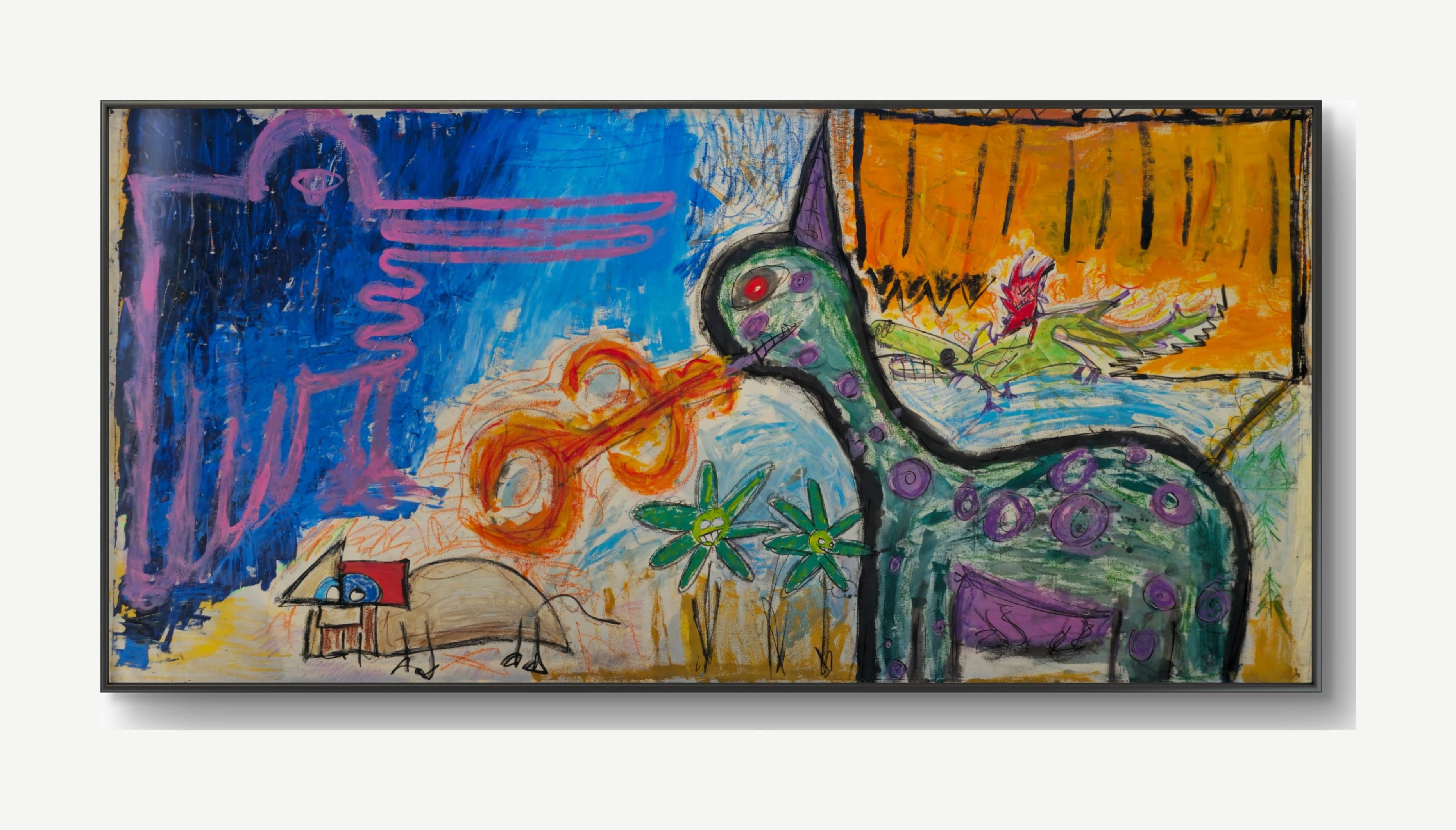 A Pack of Lips by tijo (2026), 300 × 160 cm, painting on canvas. A neo-expressionist menagerie across a three-meter canvas: at left a pink line-drawn winged figure with a ringed-planet head stands in deep indigo night painted over a textured gold under-layer; at center an orange double-coil sends a red beam into the mouth of a long-necked green creature with a purple horn, a red eye, a stitched grin, and purple rings across its body; a small green crocodile with a toothy grid grin carries a red imp across the creature's back through hand-drawn flames, under a burning orange curtain barred with black. Two grinning green daisy-flowers stand at its feet, and in the lower left a small house with a red roof and two wide blue eyes watches over a sleeping beige mound-creature.