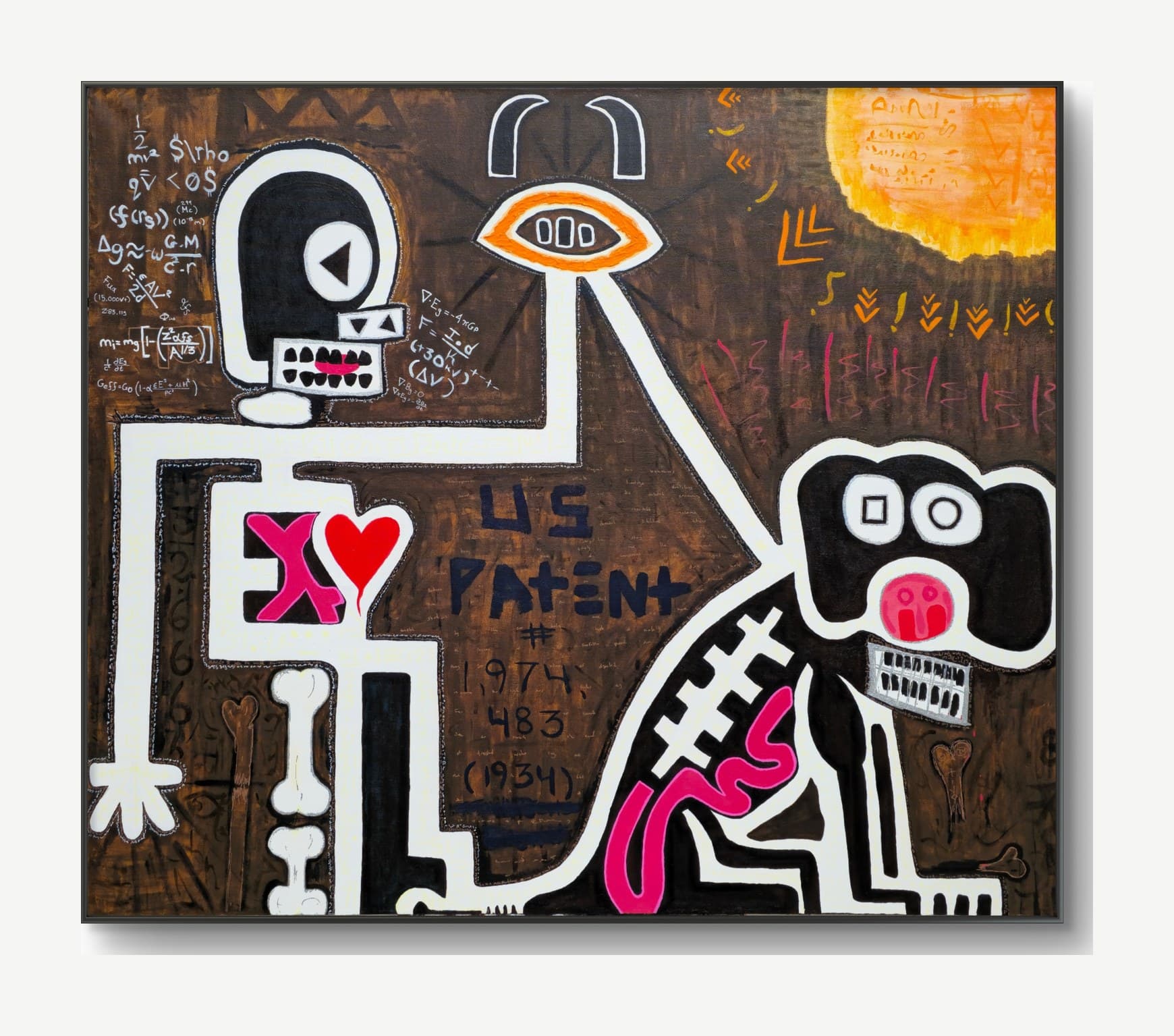 Boy & Dog V2 by tijo (2026), 150 × 120 cm acrylic on canvas. A neo-expressionist painting on a deep umber-brown ground: on the left a white-outlined skeletal boy with a black oval head, single white circle eye containing a black triangle, white block teeth with a pink tongue, a red heart and a pink X on the chest, and white femur bones for a leg. On the right a large black-and-white dog with black floppy ears, mismatched square and circle eyes, a pink nose, a silver keyboard-grid of teeth, white X-crosses stitched down its back, and a pink intestinal coil in the belly. Between them a white horned third-eye totem with an orange ring radiates black lines. US PATENT # 1,974,483 (1934) is lettered in dark blue; white physics equations are chalked across the upper left; an orange sun with glyph inscriptions burns in the upper right; faint yellow script threads through the white outlines. Signed tijo in a scratched heart with © and TM marks.