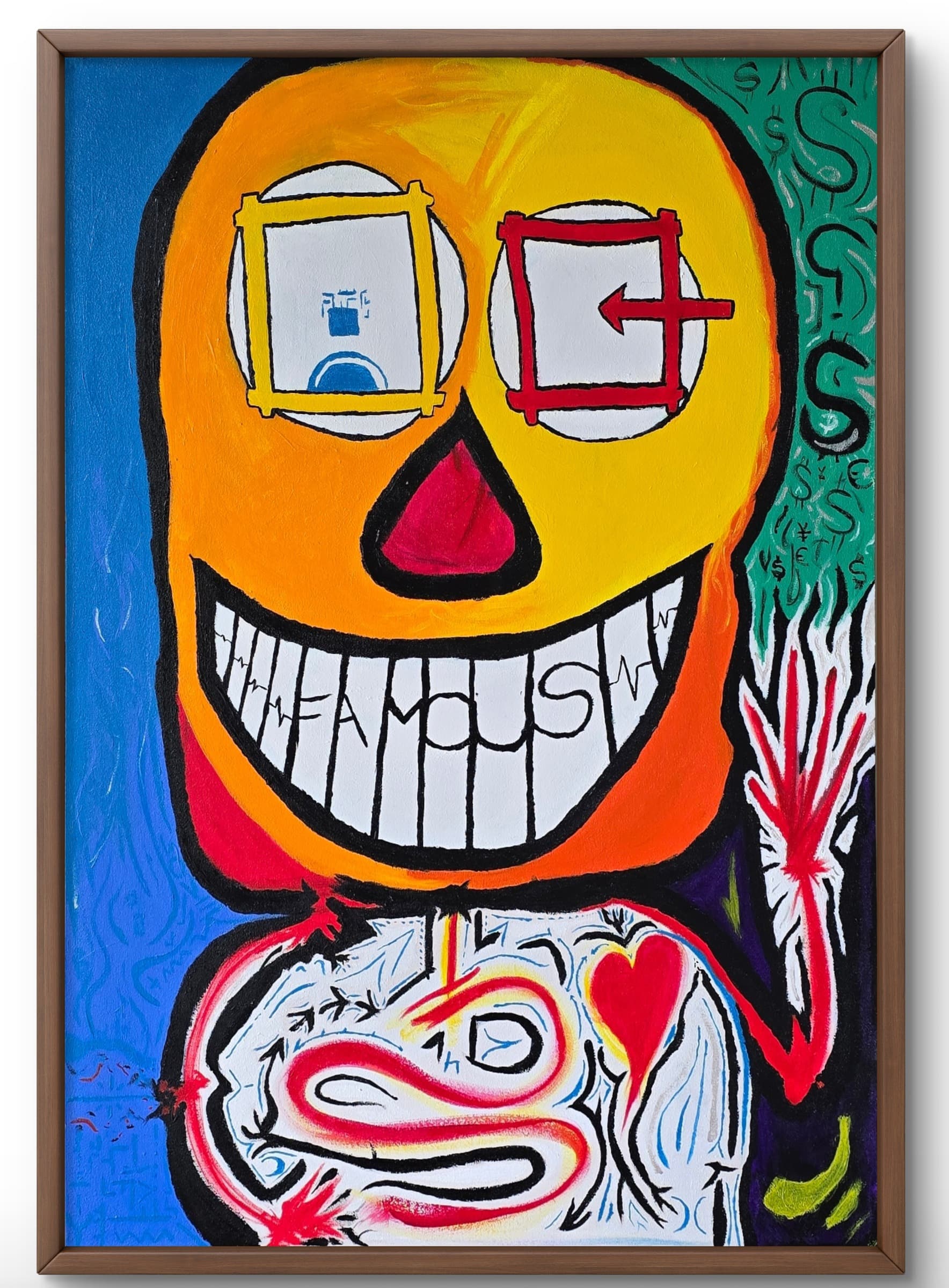 Mr. Happy by tijo (2025), 80 × 60 cm acrylic and oil stick on canvas. A neo-expressionist portrait of a yellow-orange skull with mismatched square-framed eyes, a red tongue, and a wide white grin with the word FAMOUS spelt across the teeth. Background is a blue wall on the left and a green wall covered in dollar signs on the right. A pale hand reaches up from below, and a curling pink and white snake-like form with a red heart sits at the bottom of the canvas.